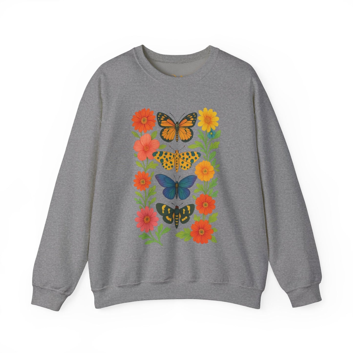 Mashafrica gray sweatshirt with vertical butterfly and flower print in orange yellow and blue tones