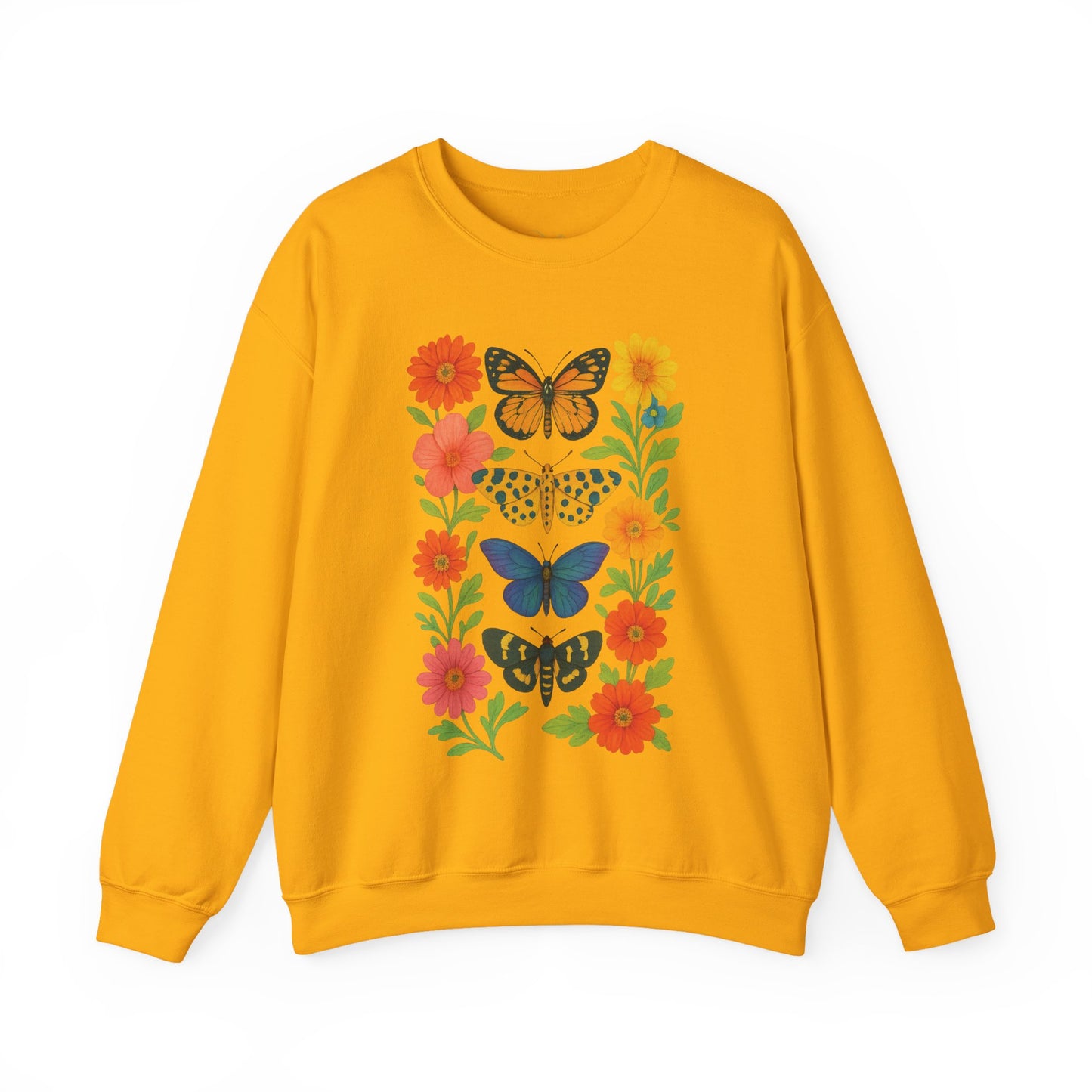 Mashafrica yellow sweatshirt with vertical row of multicolor butterflies and flowers crewneck casual pullover