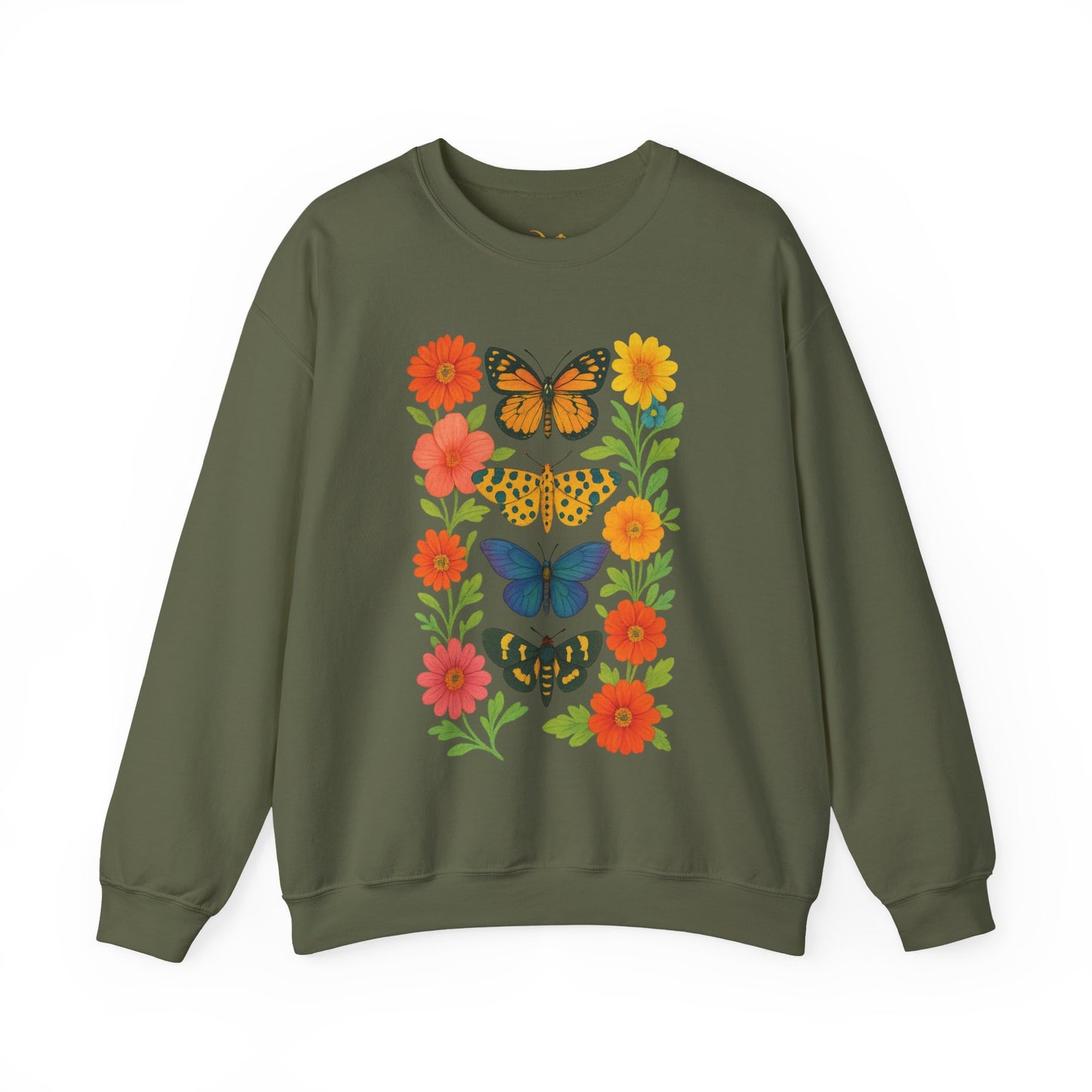 Mashafrica olive green sweatshirt with colorful butterfly and floral print crewneck long sleeve casual