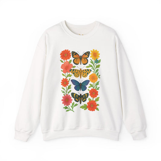 Mashafrica white sweatshirt with vertical row of colorful butterflies and orange yellow floral design