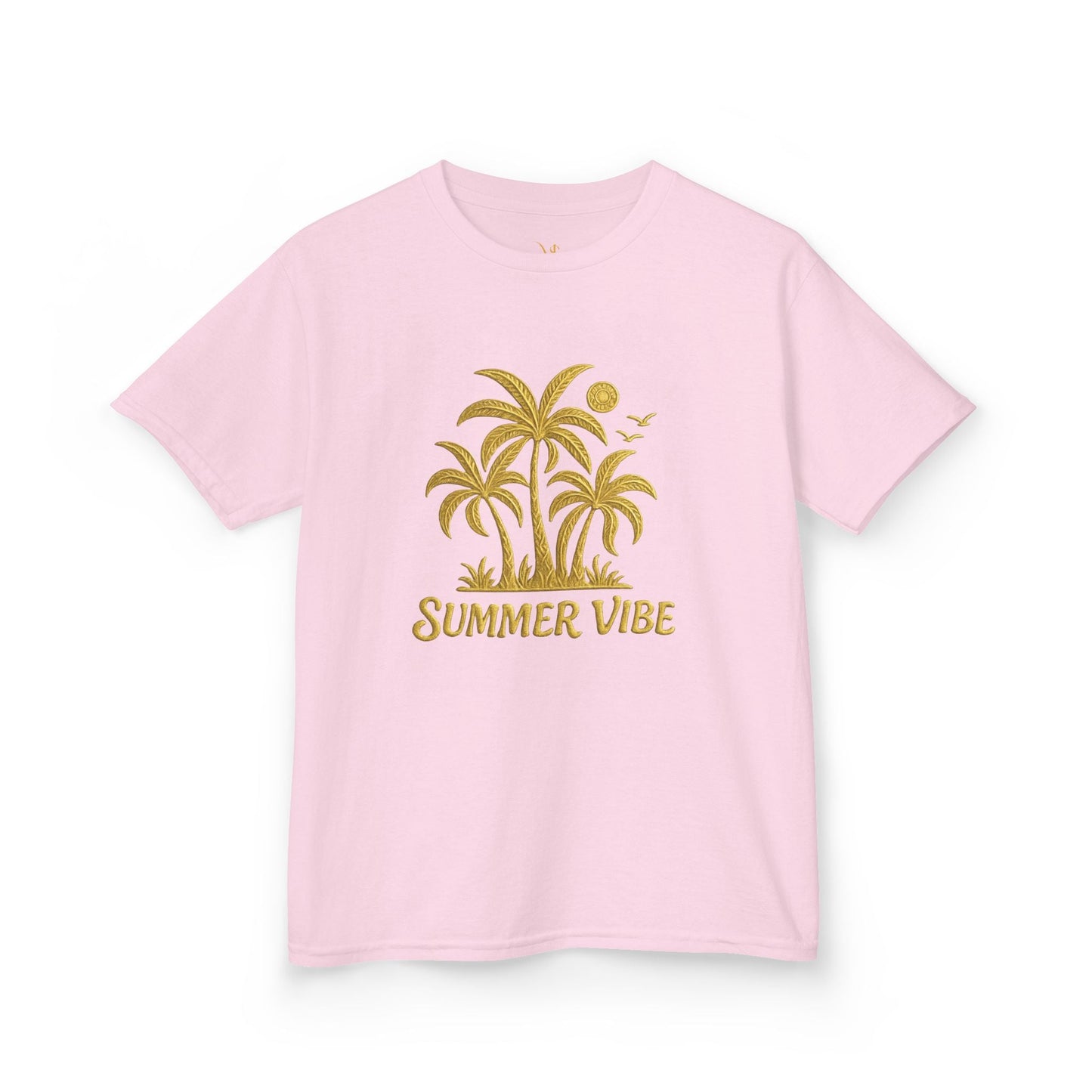 Mashafrica pink kids t shirt with gold palm tree graphic and Summer Vibe print soft cotton casual tee