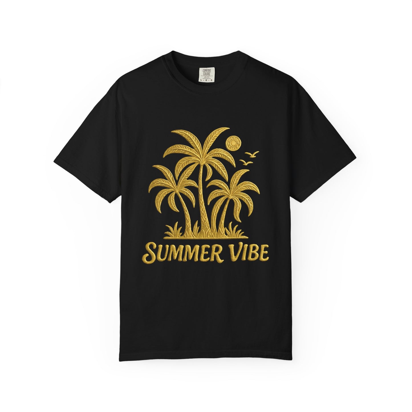 Mashafrica black T shirt with gold palm tree graphic and summer vibe text ideal for casual beachwear