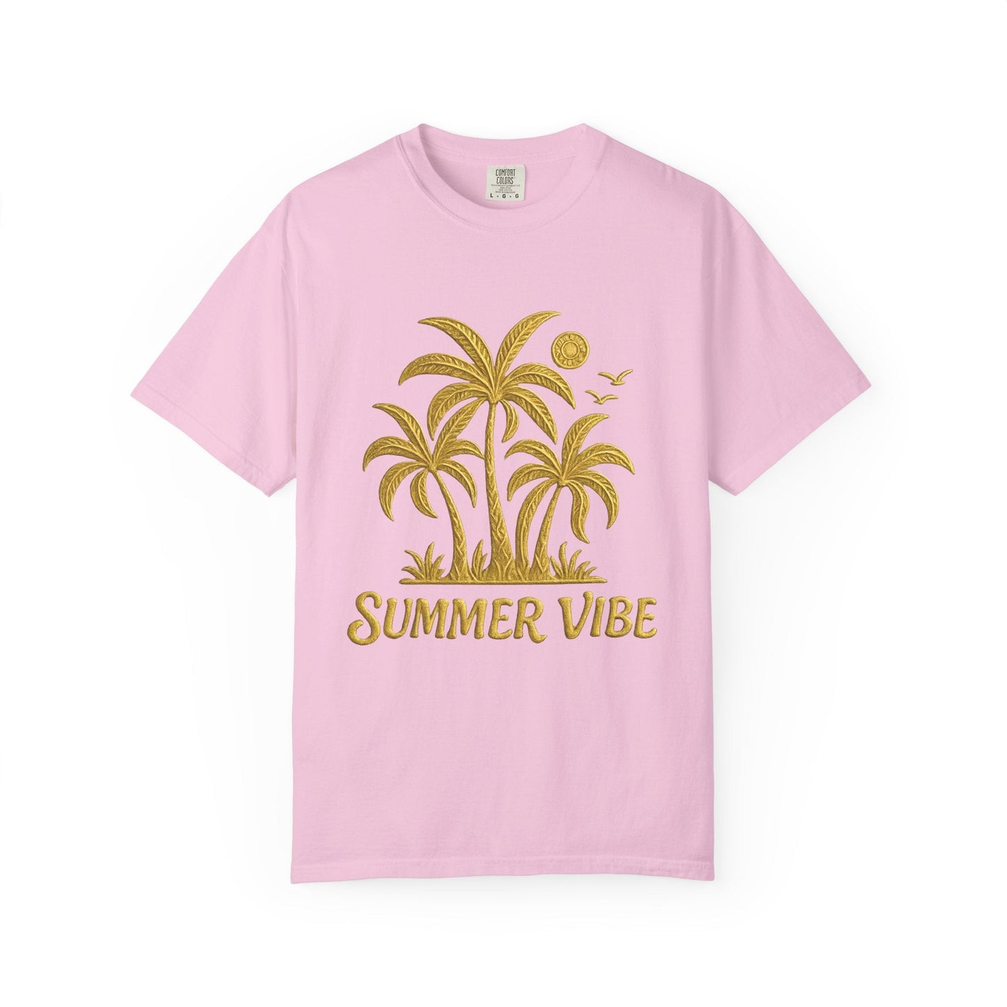 Mashafrica pink t shirt with gold palm tree graphic and summer vibe text casual beach tee