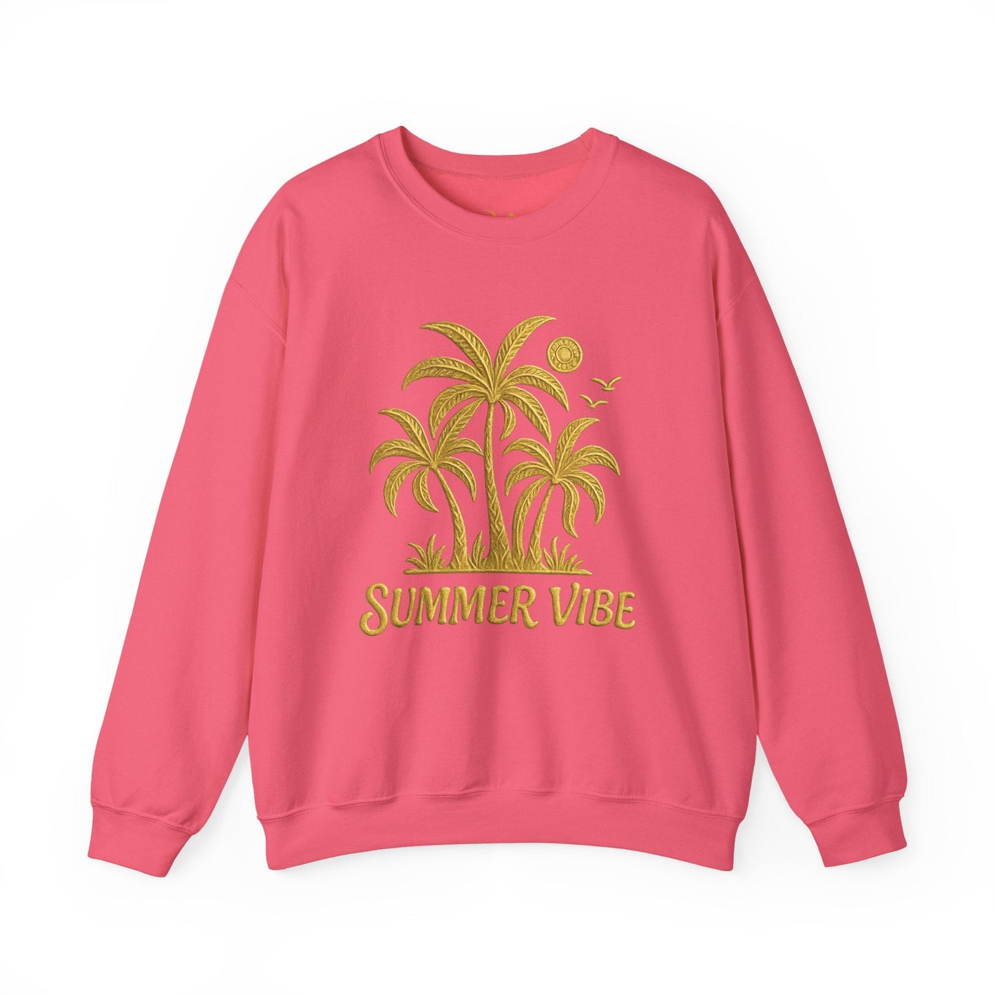 Mashafrica coral pink crewneck sweatshirt with yellow palm tree Summer Vibe graphic long sleeve relaxed fit