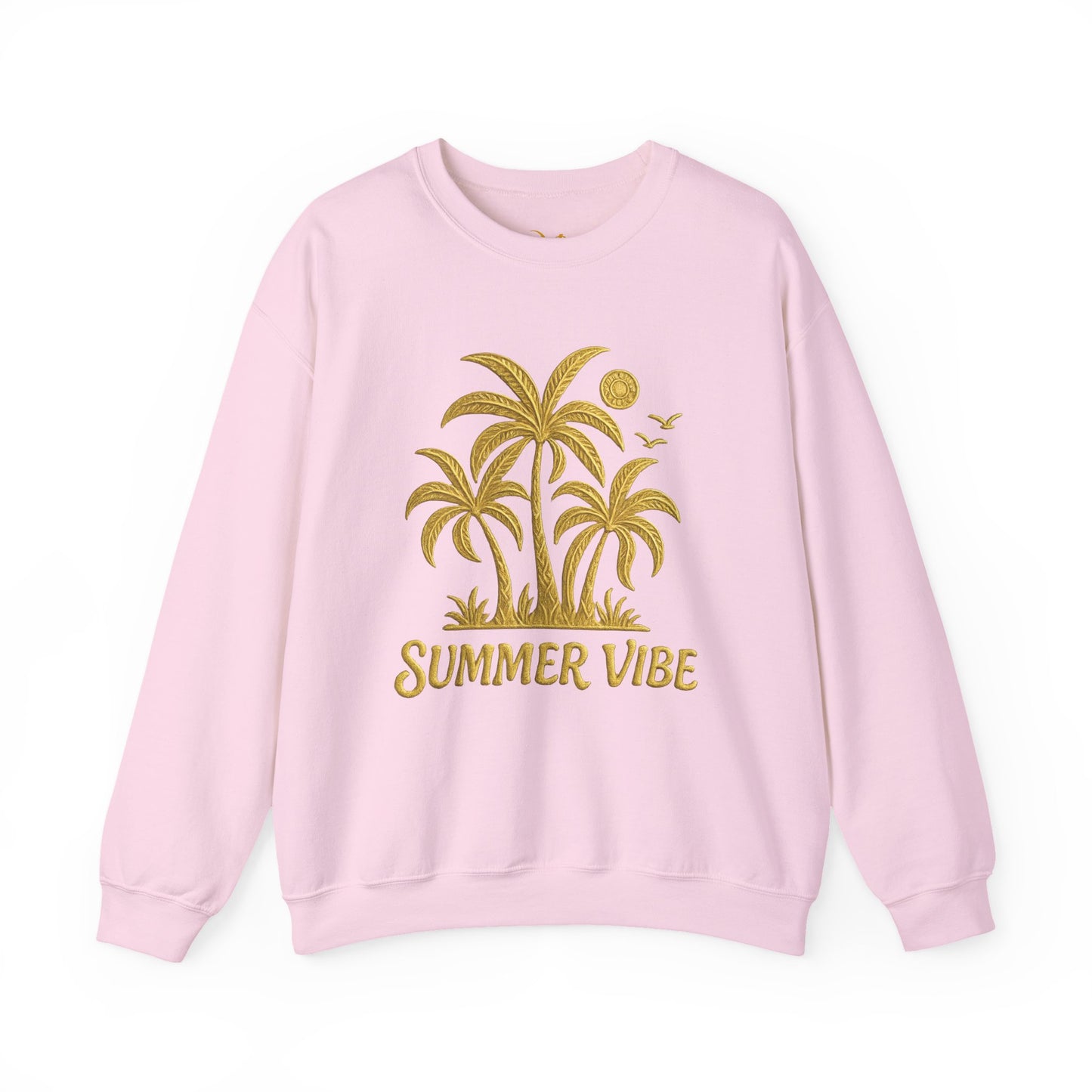 Mashafrica light pink crewneck sweatshirt with gold palm tree Summer Vibe graphic long sleeve casual