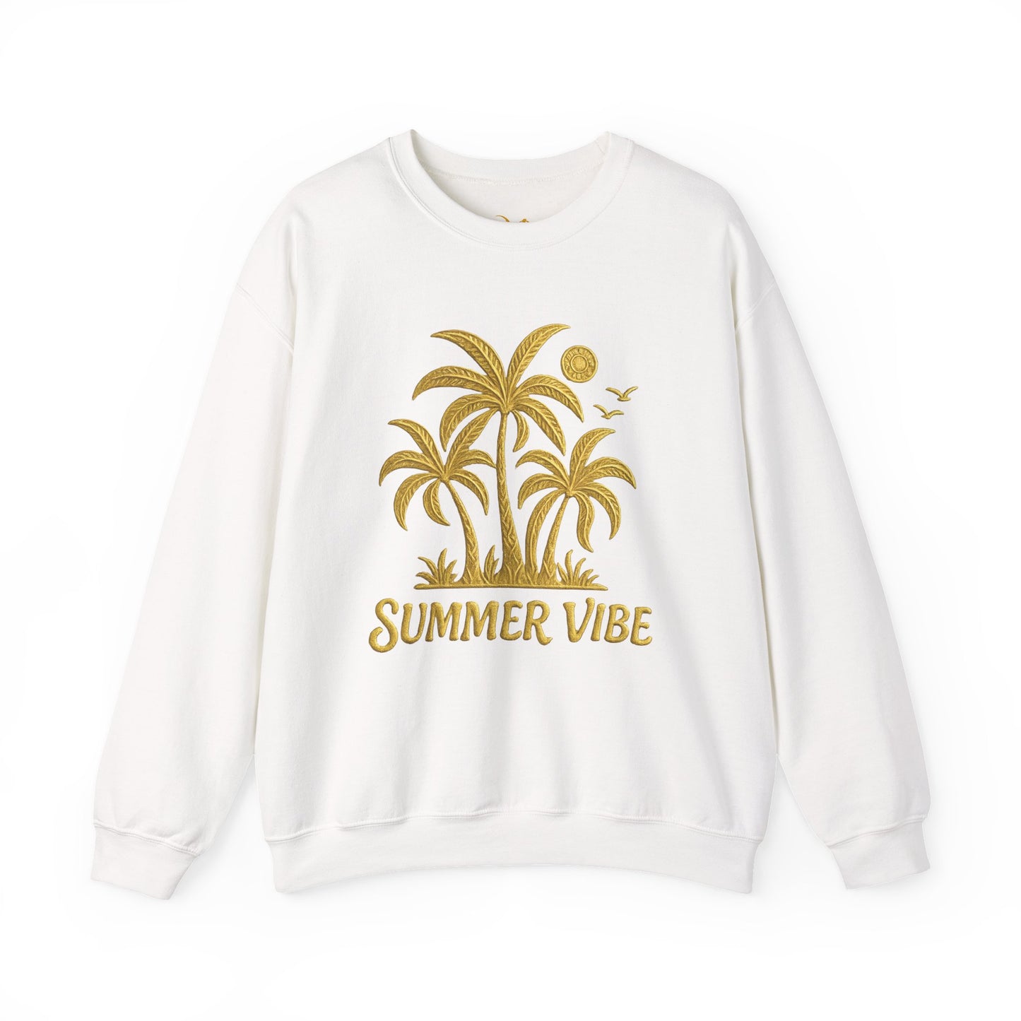 Mashafrica white sweatshirt with gold palm tree graphic and SUMMER VIBE text casual summer beachwear