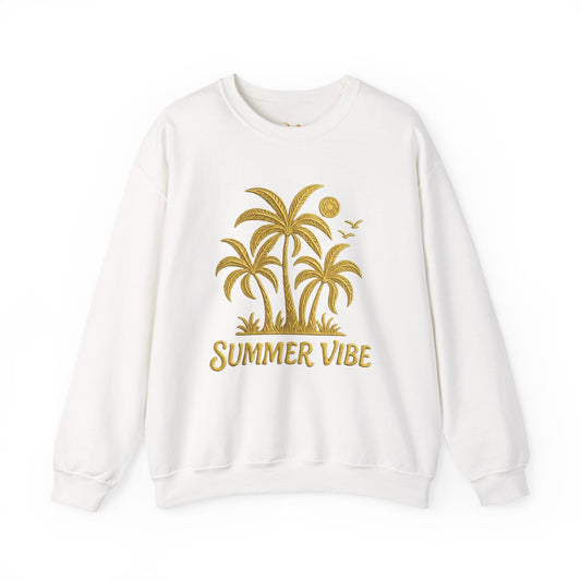 Mashafrica white sweatshirt with gold palm tree graphic and SUMMER VIBE text casual summer beachwear