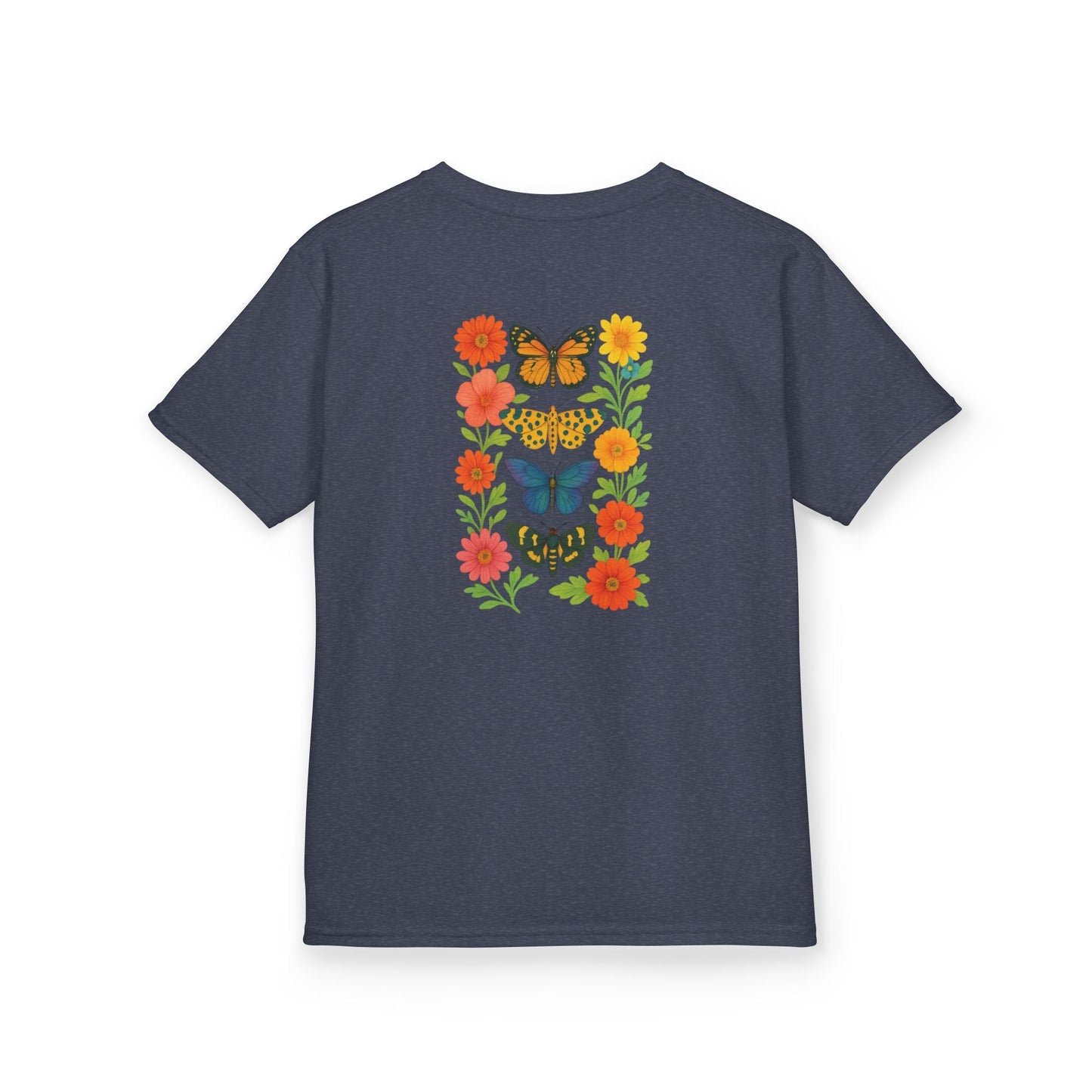 Mashafrica kids navy t shirt with colorful butterfly and flower print on back