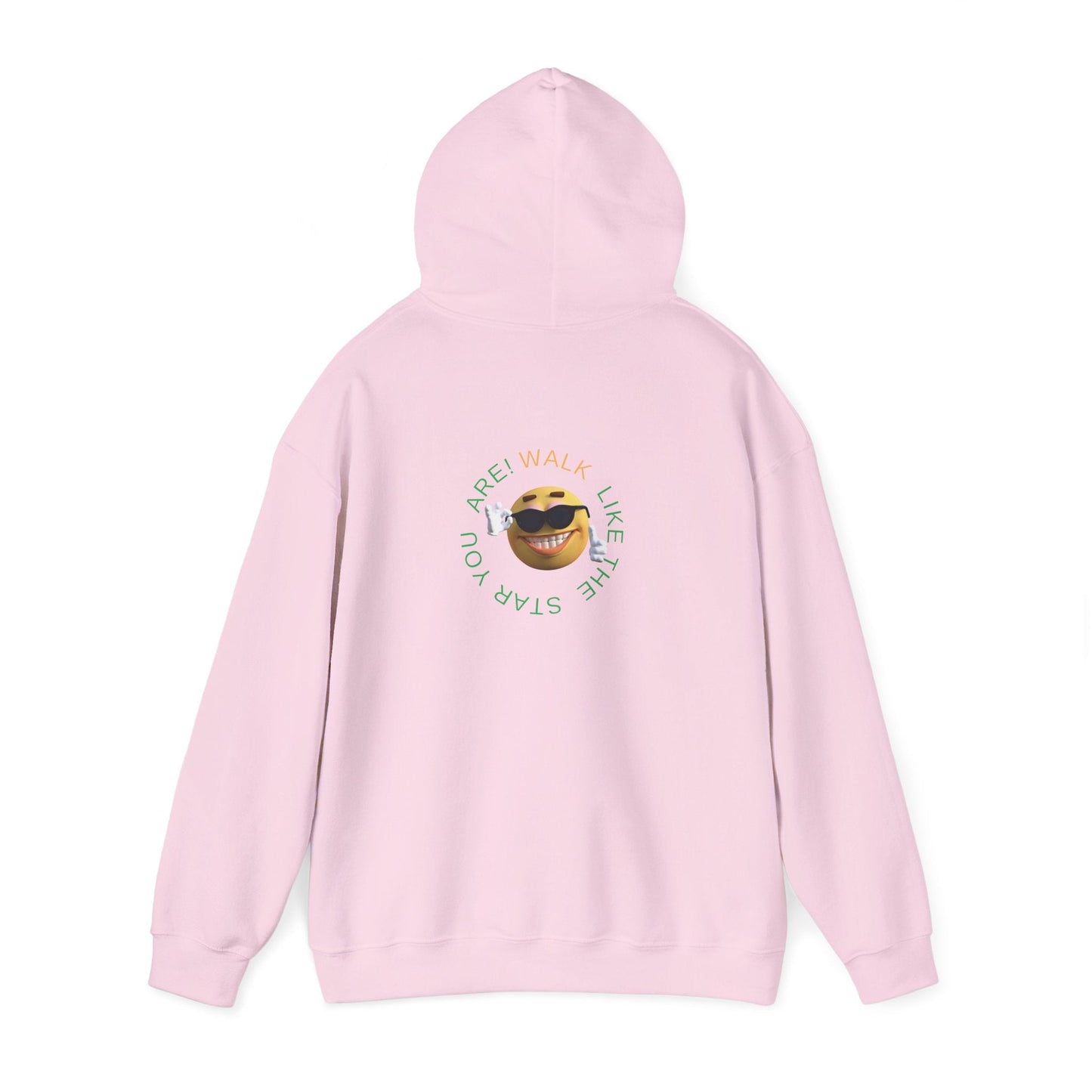 Mashafrica pastel pink hoodie back view with sunglasses emoji graphic and circular Walk Like The Star You Are text