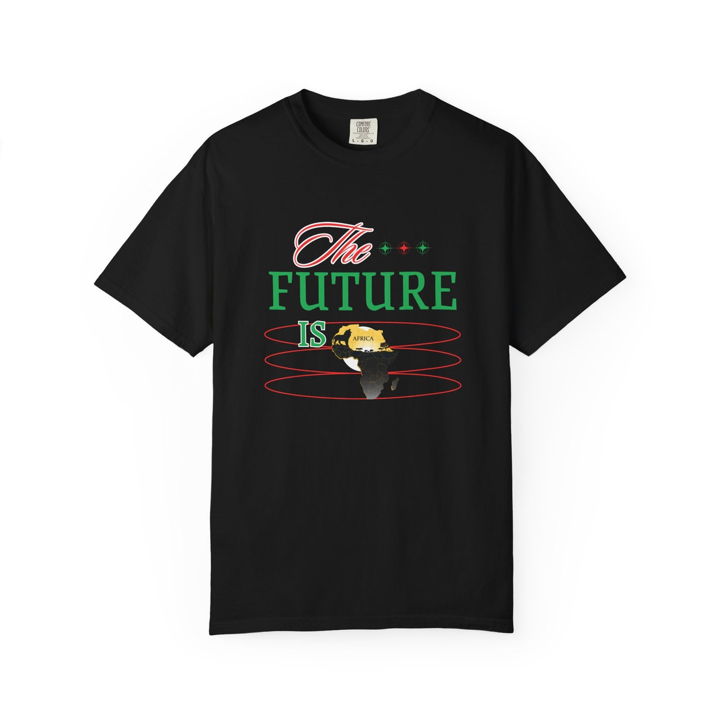 Black Mashafrica T shirt with The Future Is design featuring yellow and black africa map and red and green accents