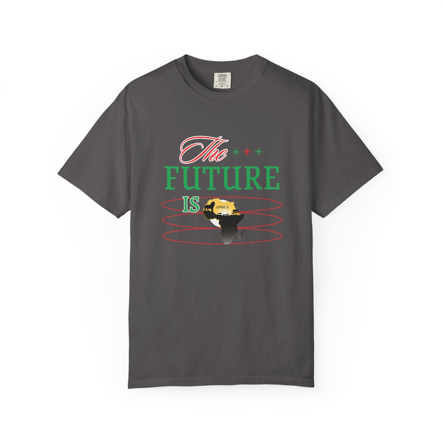 Mashafrica dark gray t shirt with The Future Is graphic featuring africa map in green yellow and red