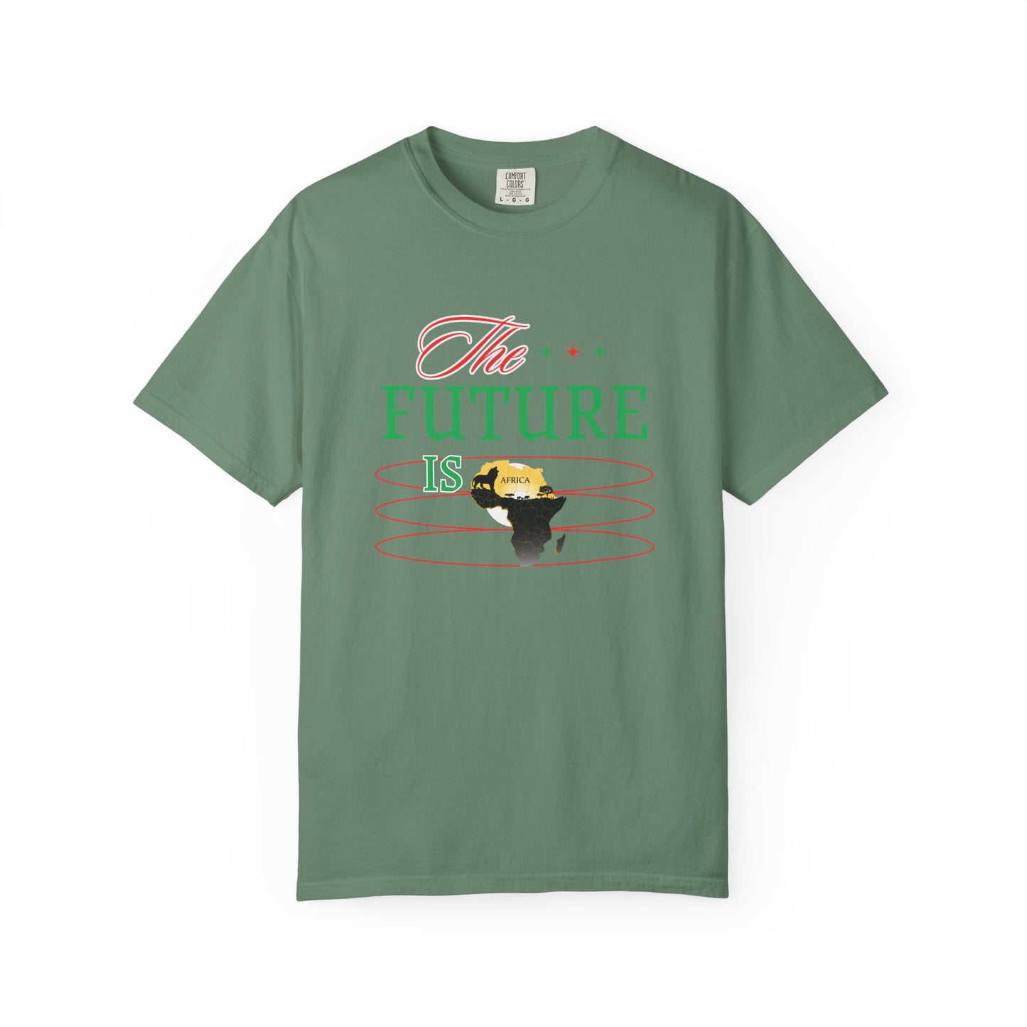 Mashafrica green crewneck T shirt The Future Is graphic featuring africa silhouette with sun and concentric rings