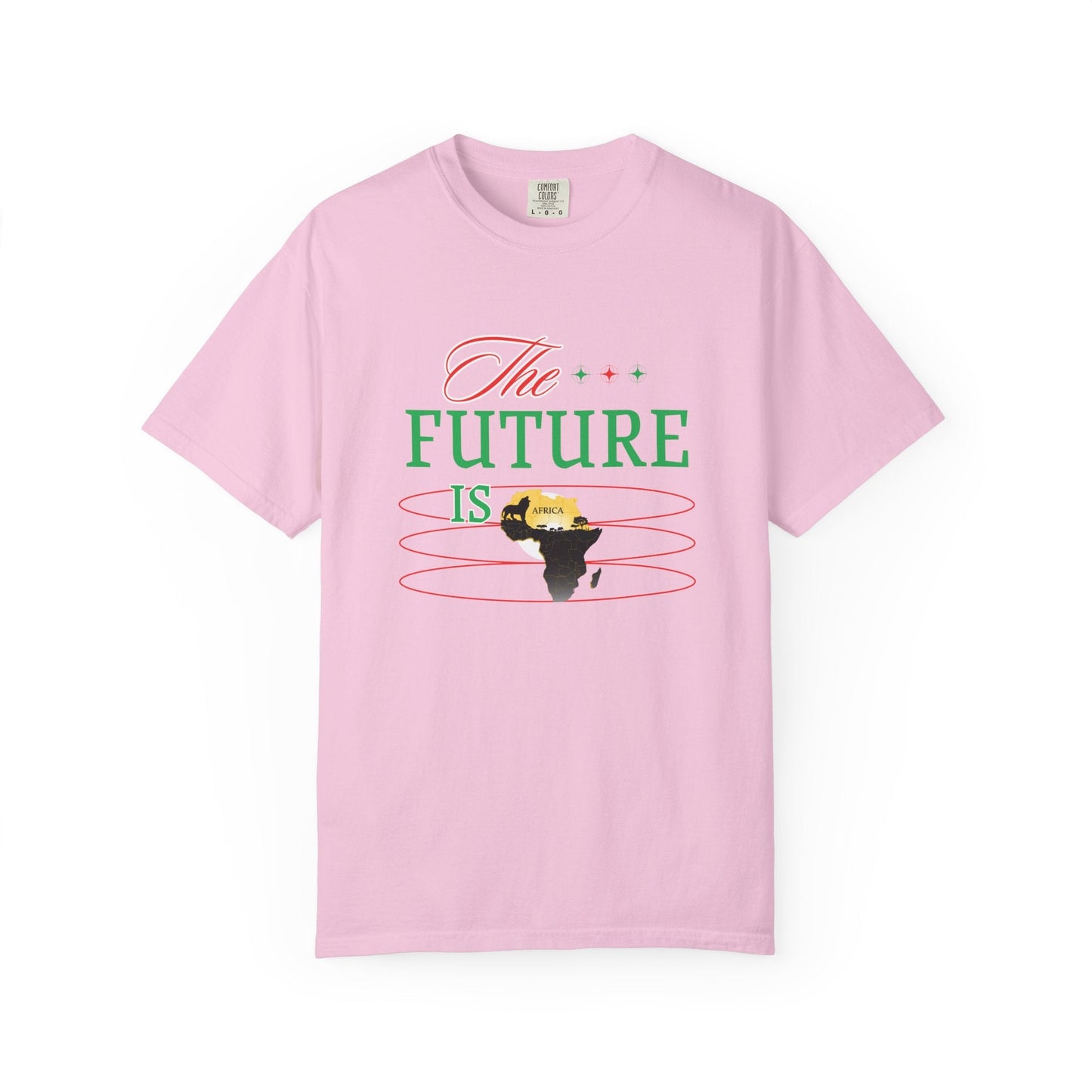 Mashafrica pink t shirt with The Future Is africa silhouette graphic in green red and yellow lettering