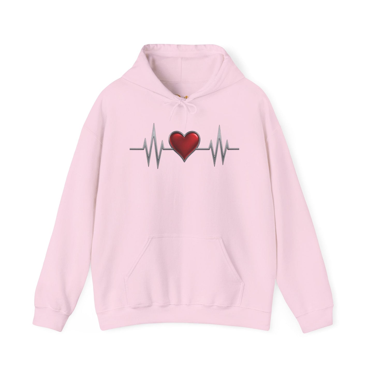 Mashafrica pink pullover hoodie with red heart and EKG heartbeat graphic across chest with kangaroo pocket love