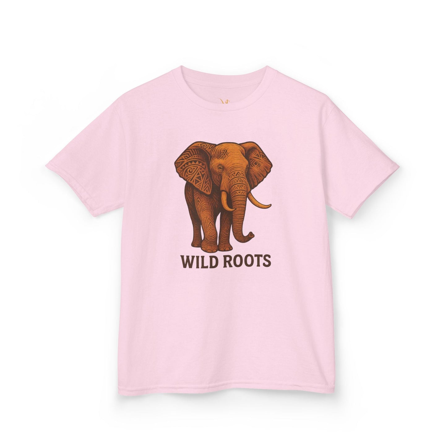 Pink kids t shirt by Mashafrica featuring a detailed elephant graphic and Wild Roots text print