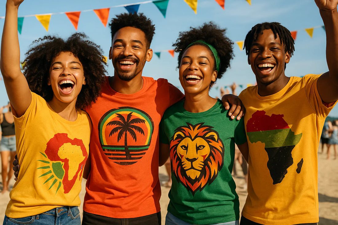 Group of friends wearing African-inspired t-shirts featuring bold prints for mastering africa collection