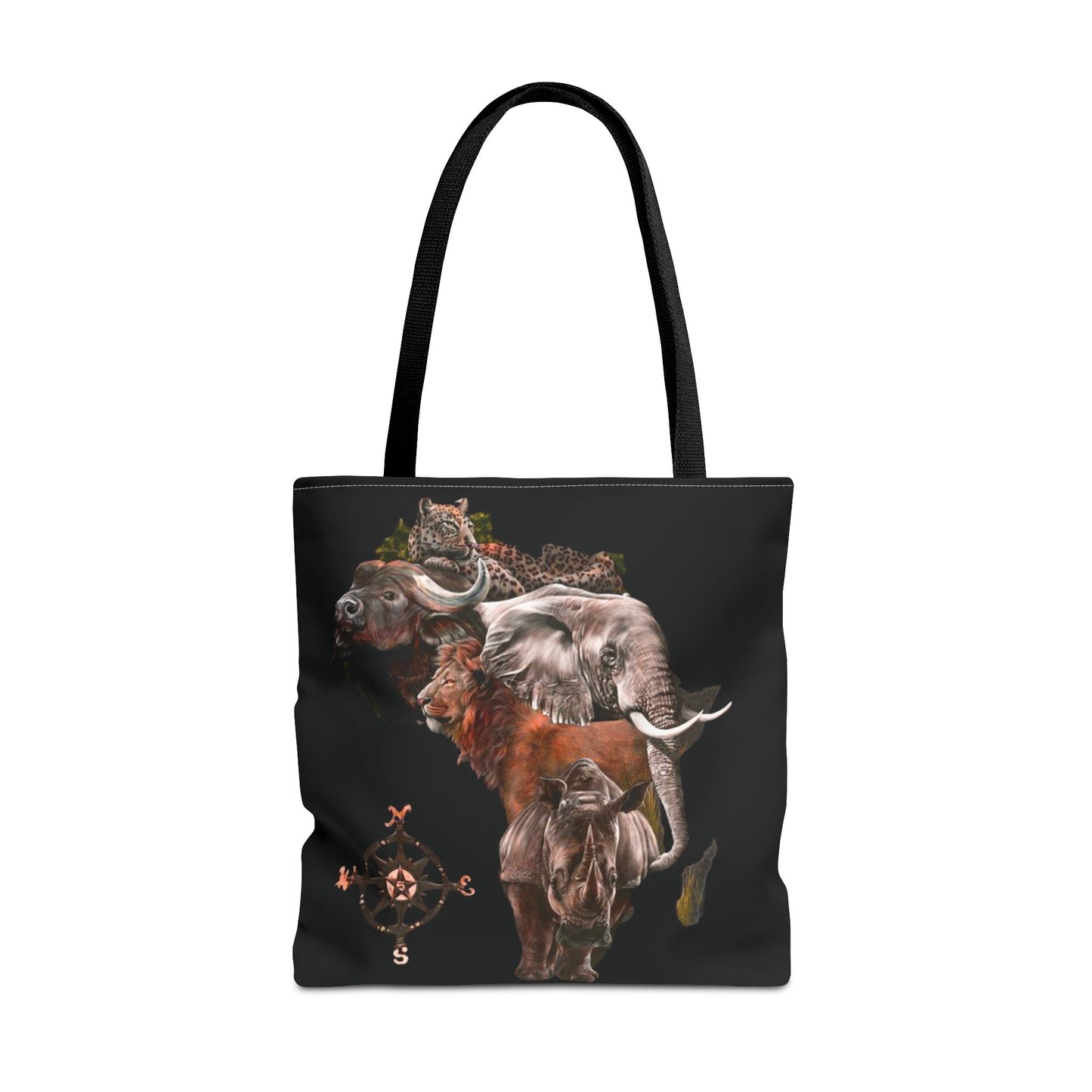 Mashafrica black canvas tote bag with africa wildlife collage of elephant lion rhino buffalo leopard and compass