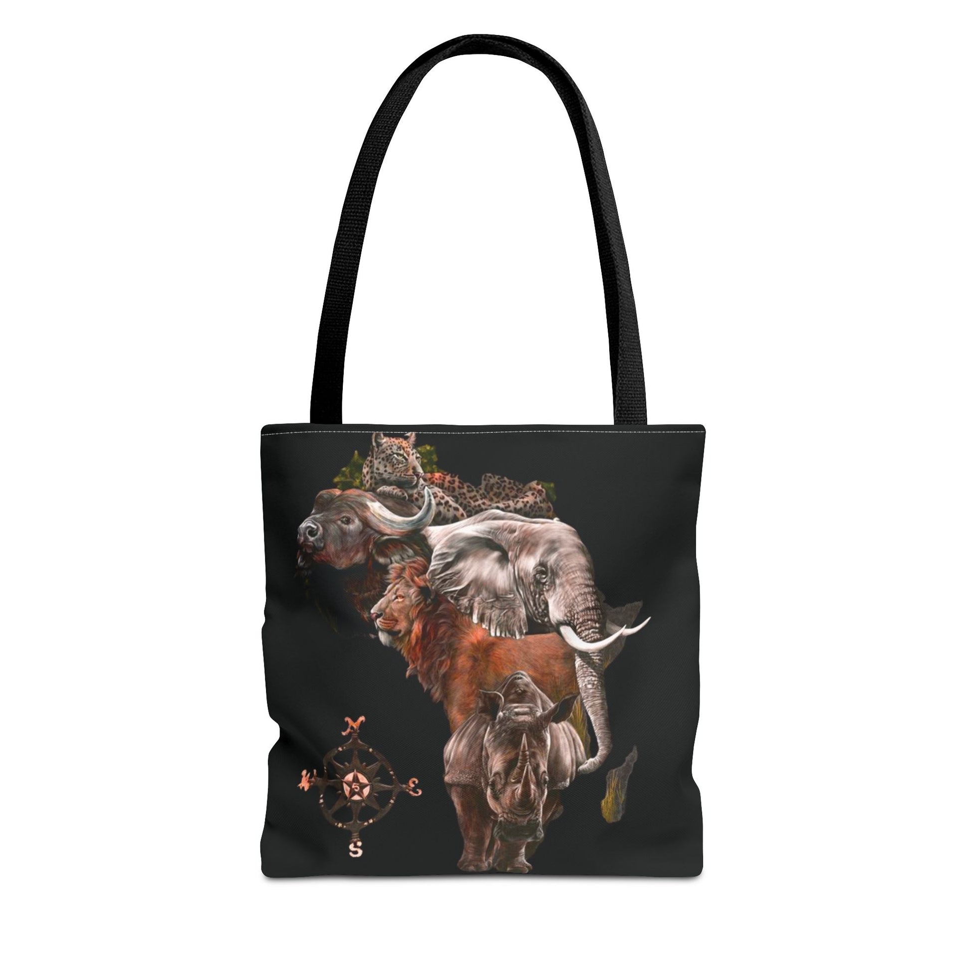Mashafrica black tote bag featuring africa safari animals elephant lion rhino buffalo leopard and compass motif
