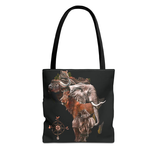 Mashafrica black tote bag featuring africa safari animals elephant lion rhino buffalo leopard and compass motif