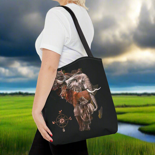 Mashafrica black canvas tote bag with elephant and compass print featuring africa motif and shoulder strap for everyday use