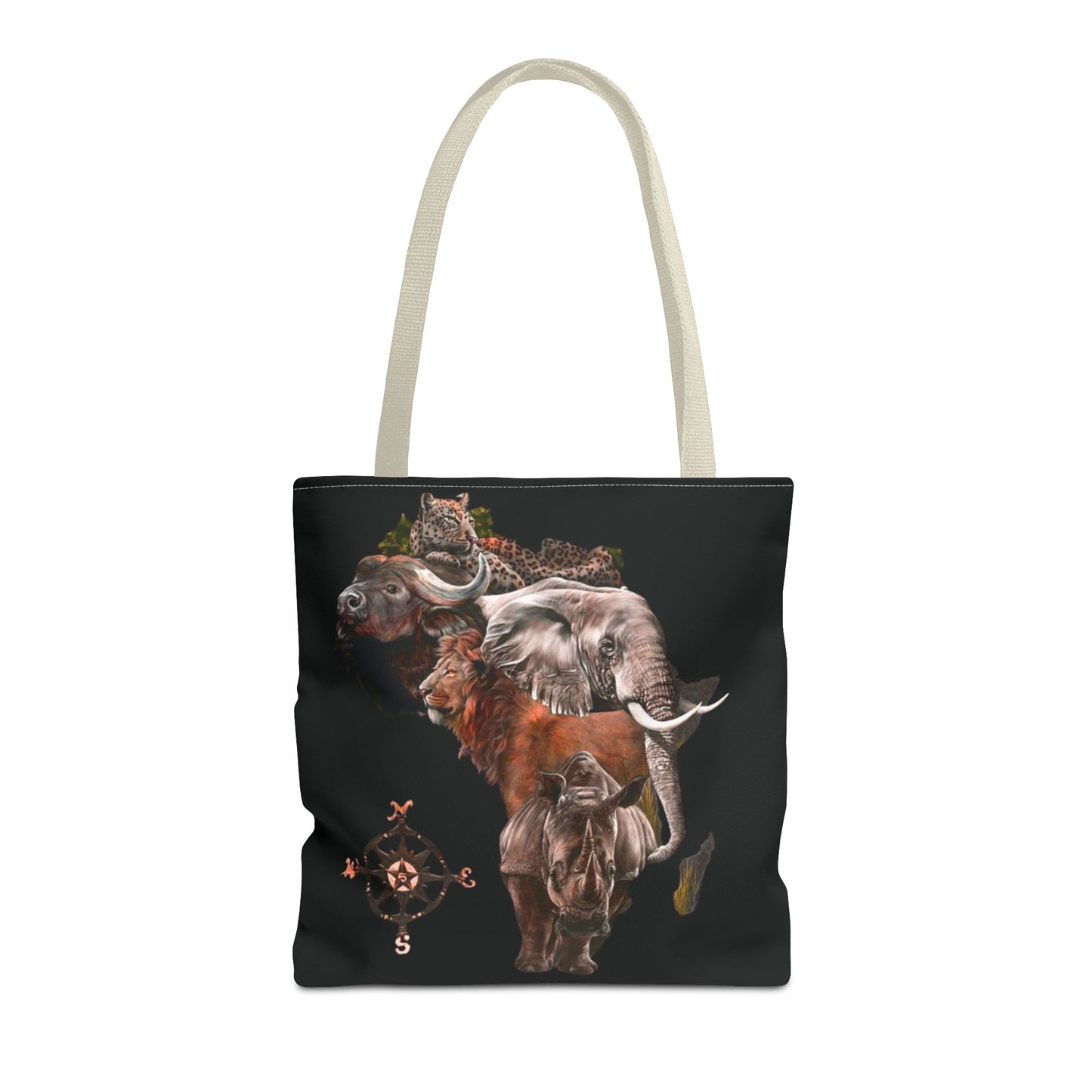 Black Mashafrica tote bag with africa animal collage showing elephant lion rhino buffalo and leopard
