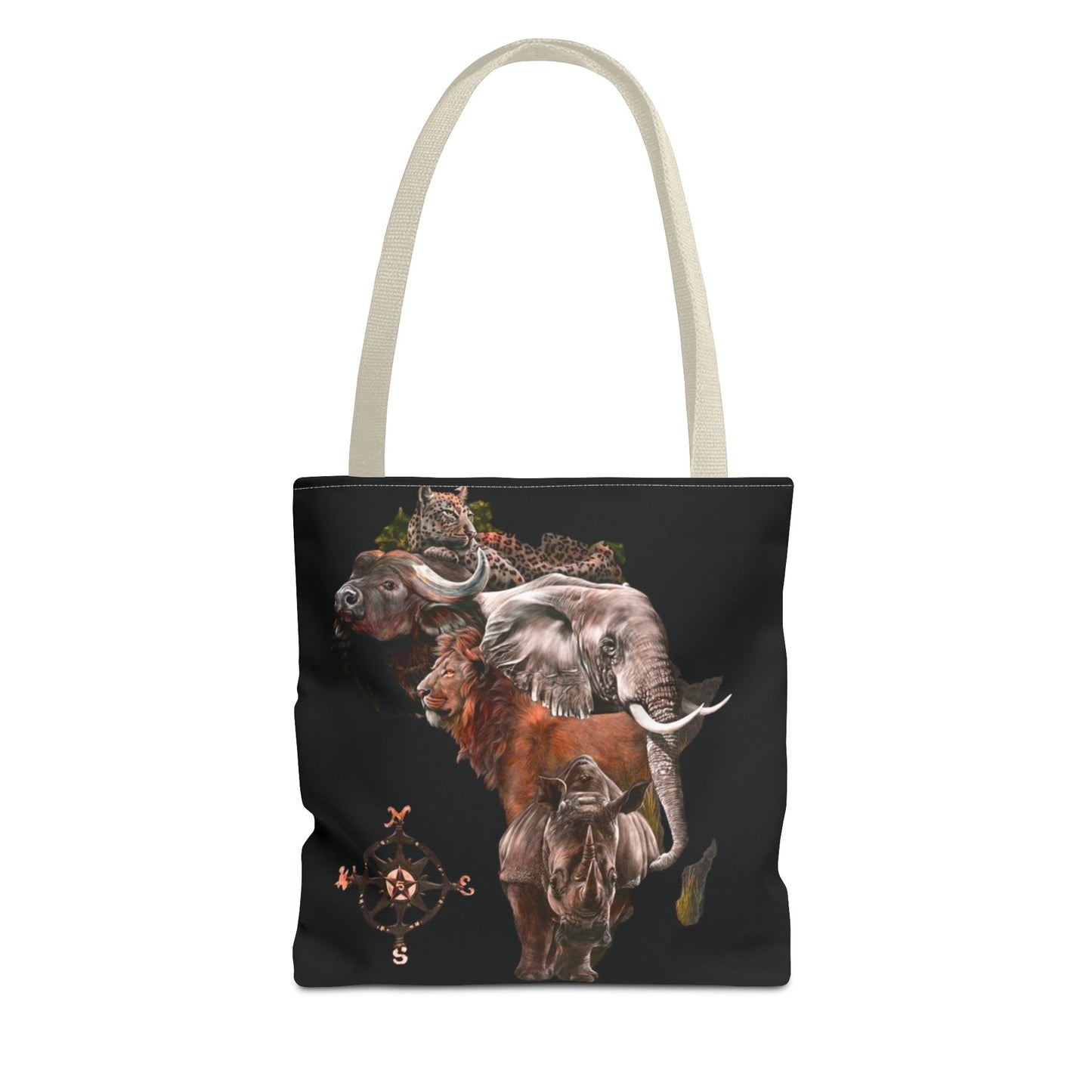 Mashafrica black canvas tote bag with africa wildlife collage featuring elephant lion rhino buffalo and compass motif
