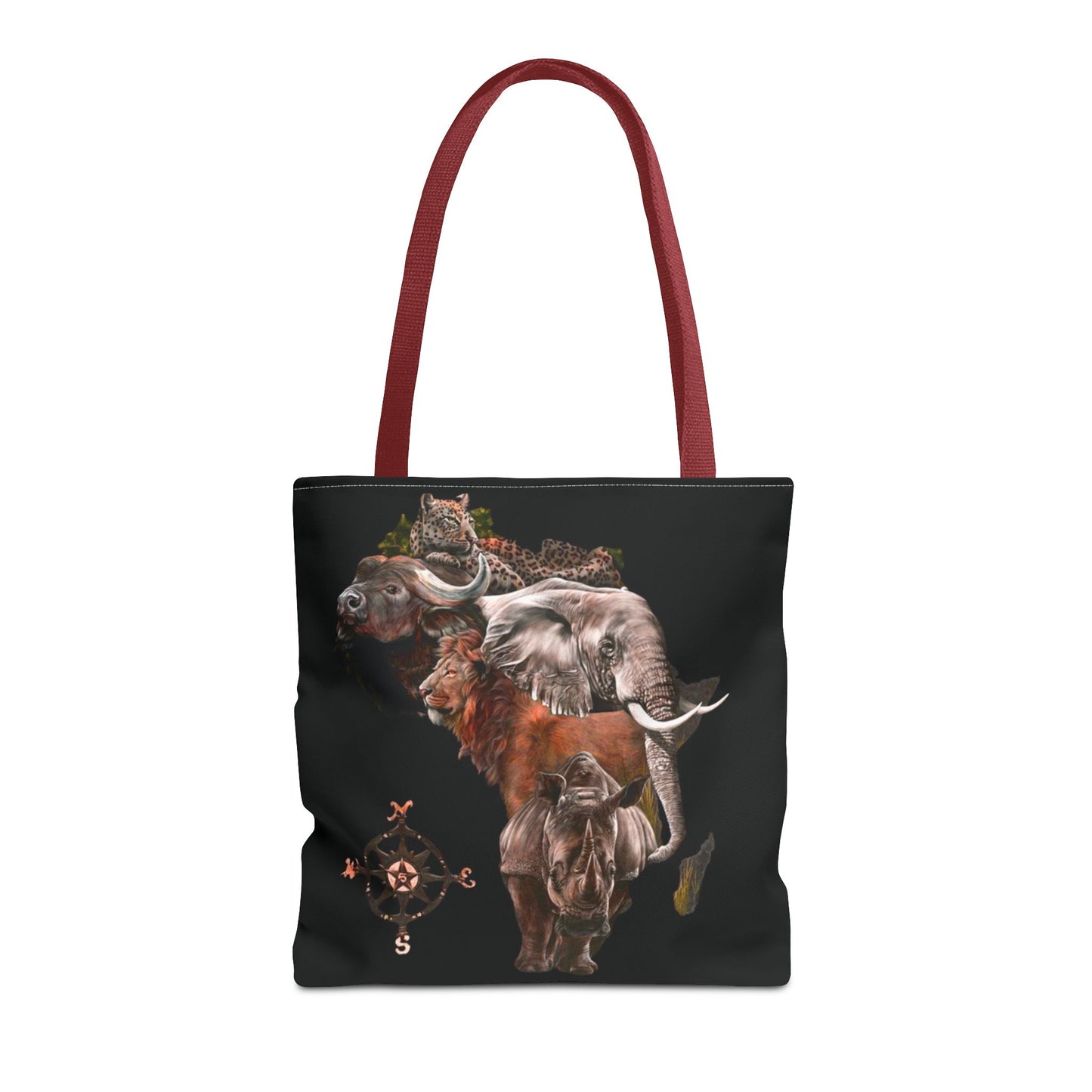 Mashafrica black tote bag with red straps featuring africa shaped wildlife collage of elephant lion rhino and leopard with compass