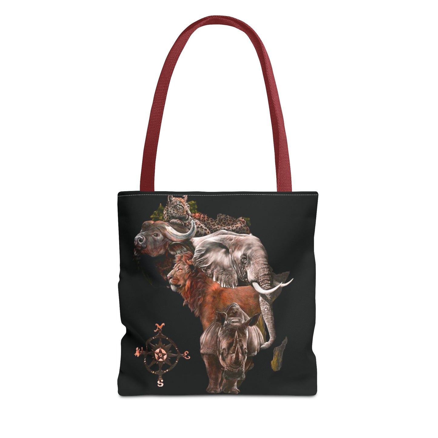 Mashafrica black tote bag with red straps featuring africa wildlife collage of elephant lion rhino buffalo and compass