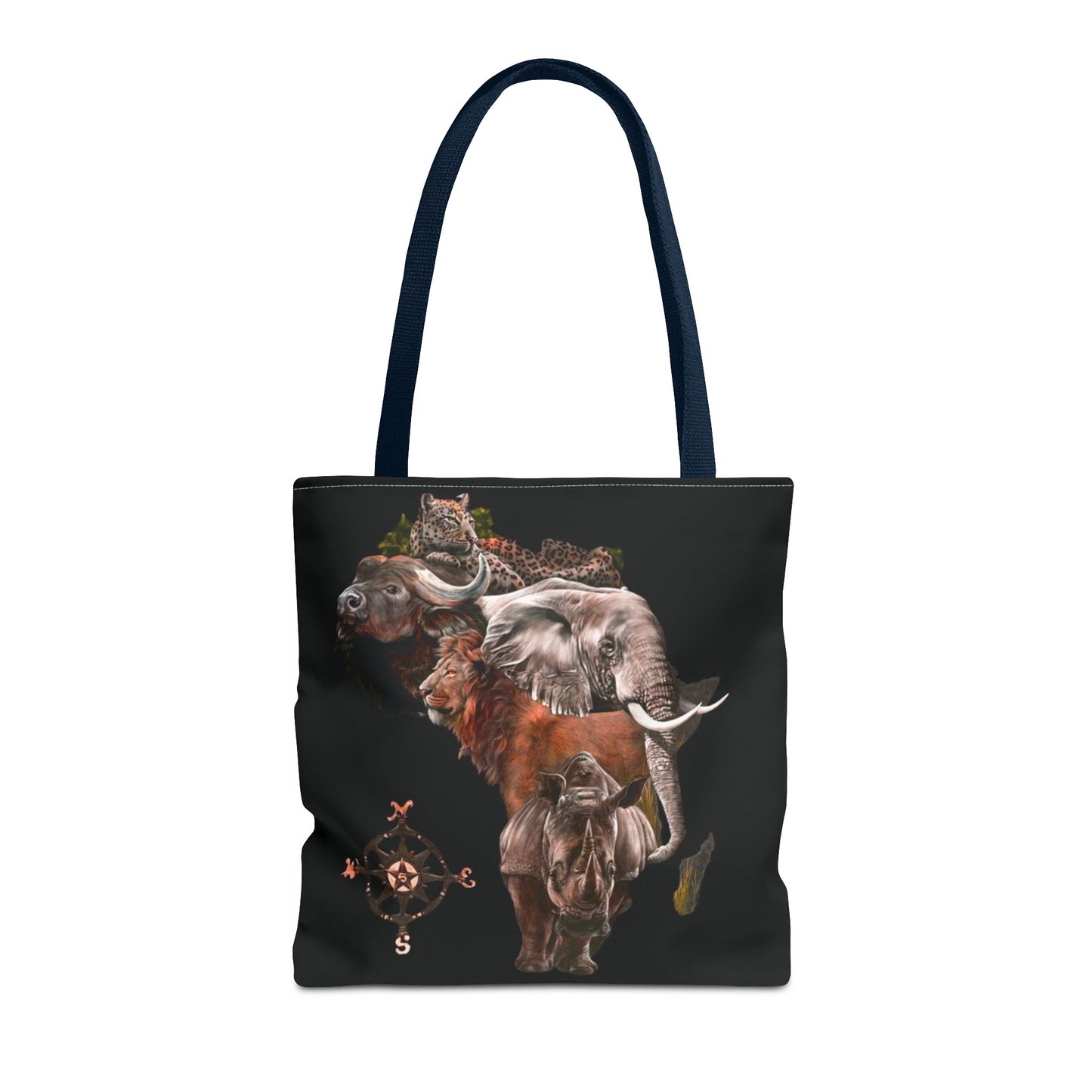 Mashafrica-style black tote bag featuring realistic africa wildlife including elephant lion and rhino