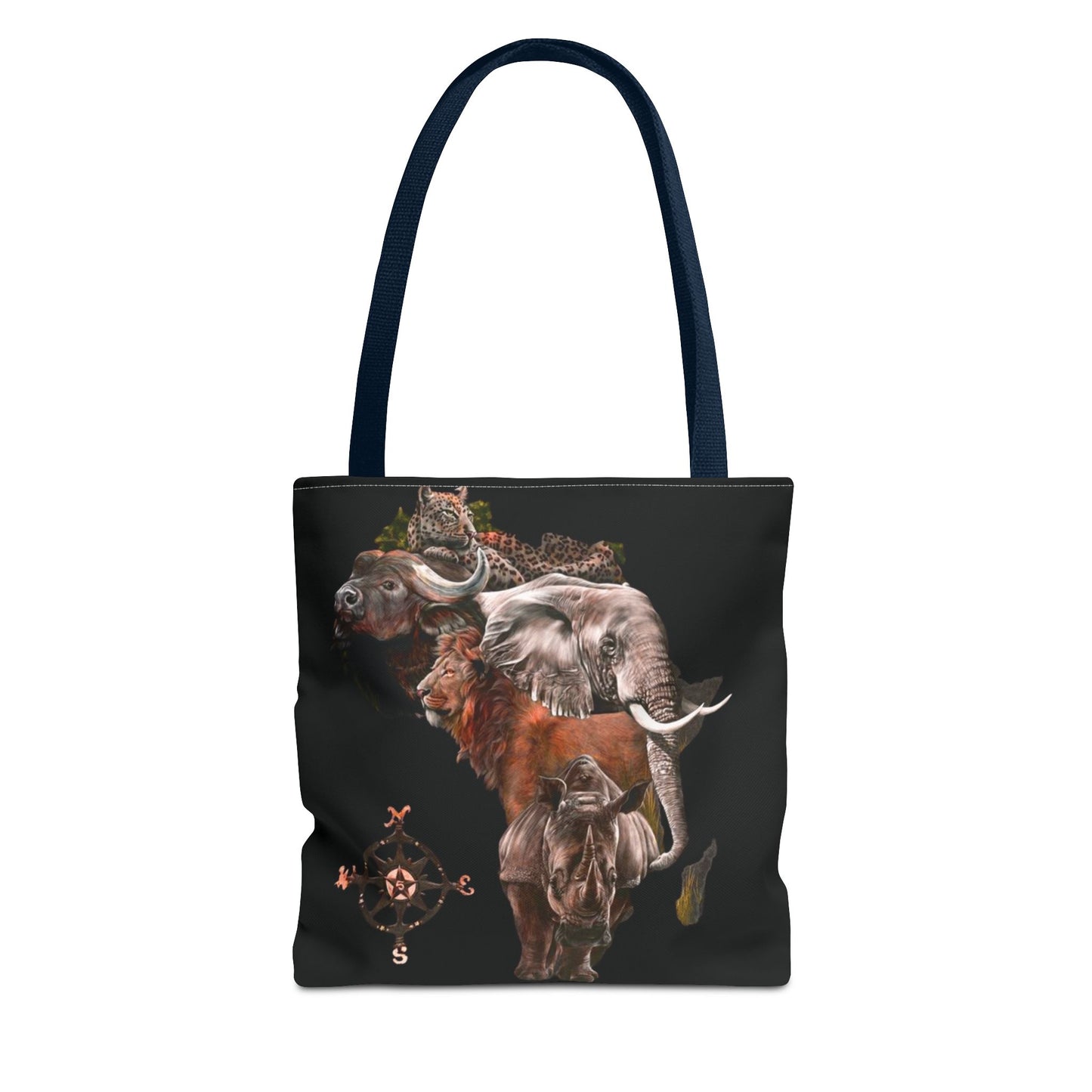 Mashafrica black tote bag with africa wildlife collage featuring elephant lion rhino buffalo leopard and compass design