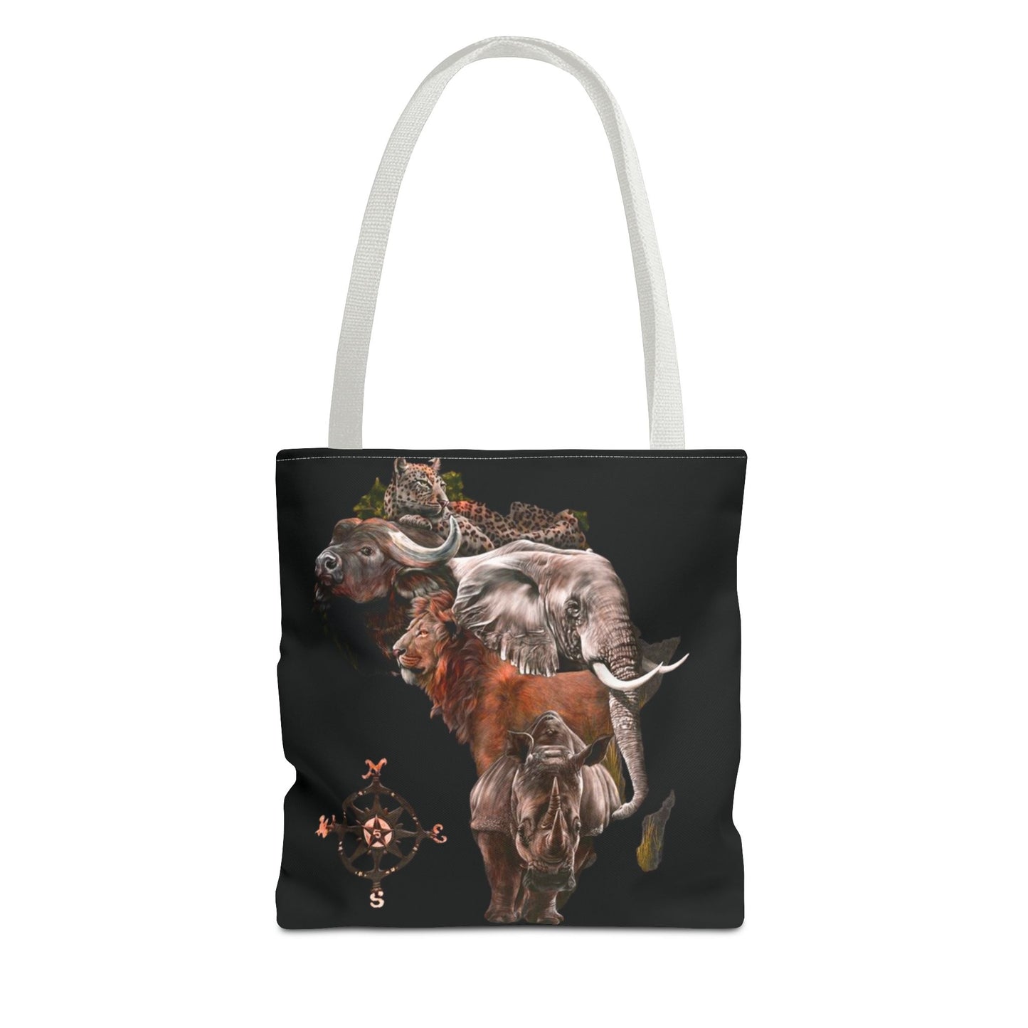 Mashafrica africa black canvas tote bag with white straps featuring elephant lion rhino buffalo and leopard collage