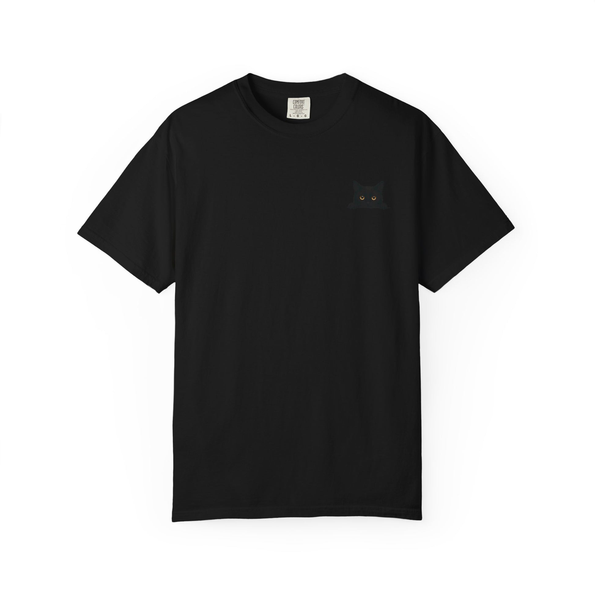 Mashafrica black crewneck shirt with small embroidered cat face detail on left chest casual cotton tee