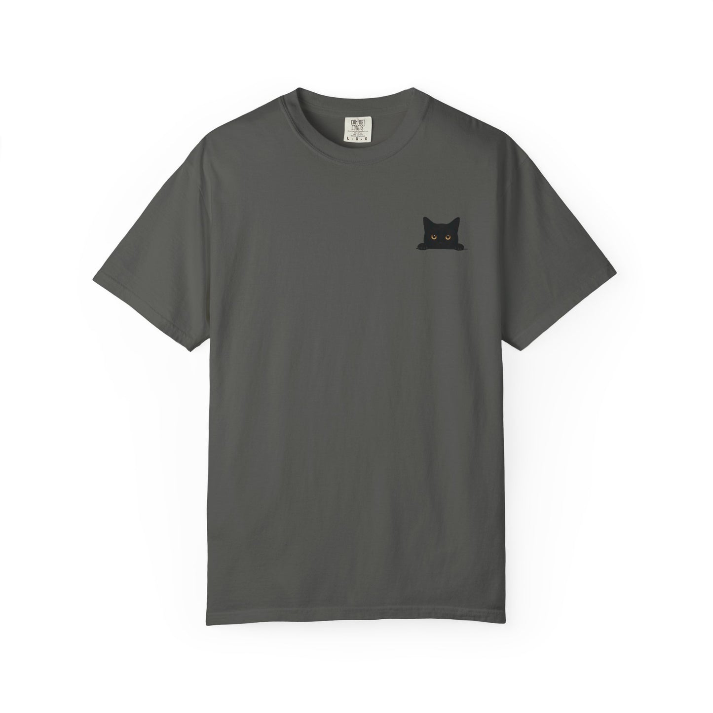 Mashafrica charcoal gray shirt with small embroidered black cat peeking from left chest