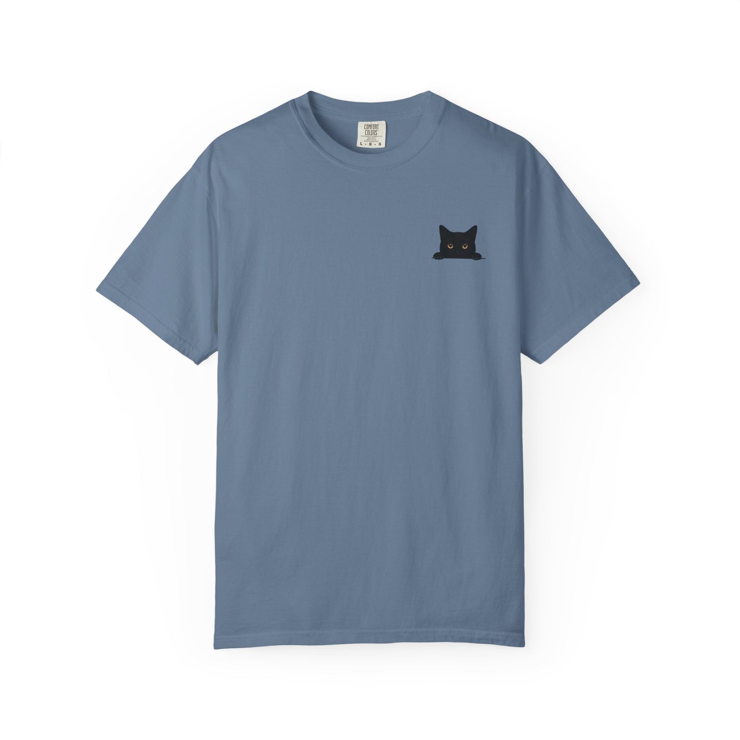 Mashafrica blue crew neck shirt with small black cat chest print short sleeve casual cotton tee