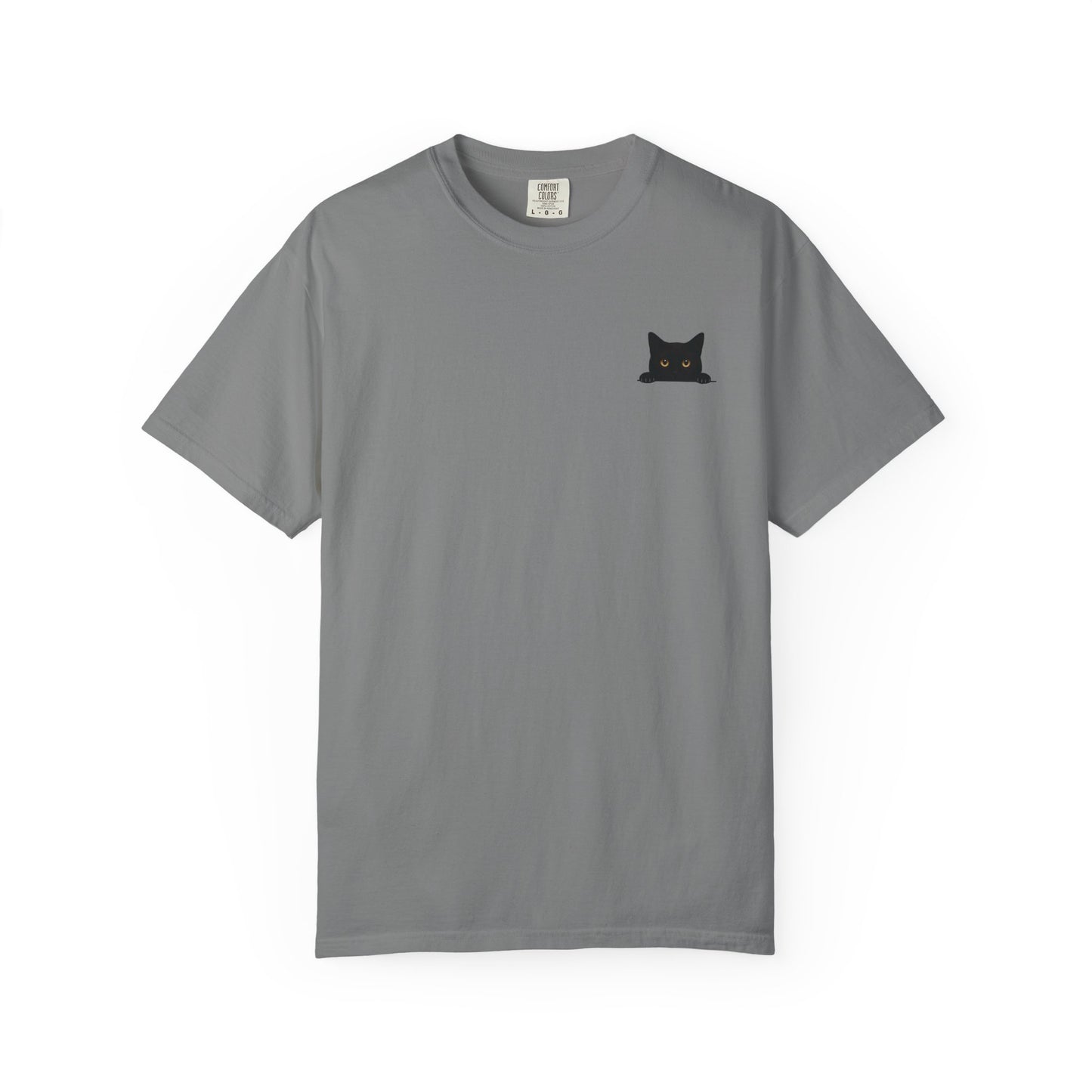 Mashafrica gray cotton shirt with small black cat peeking on left chest crewneck short sleeve casual wear