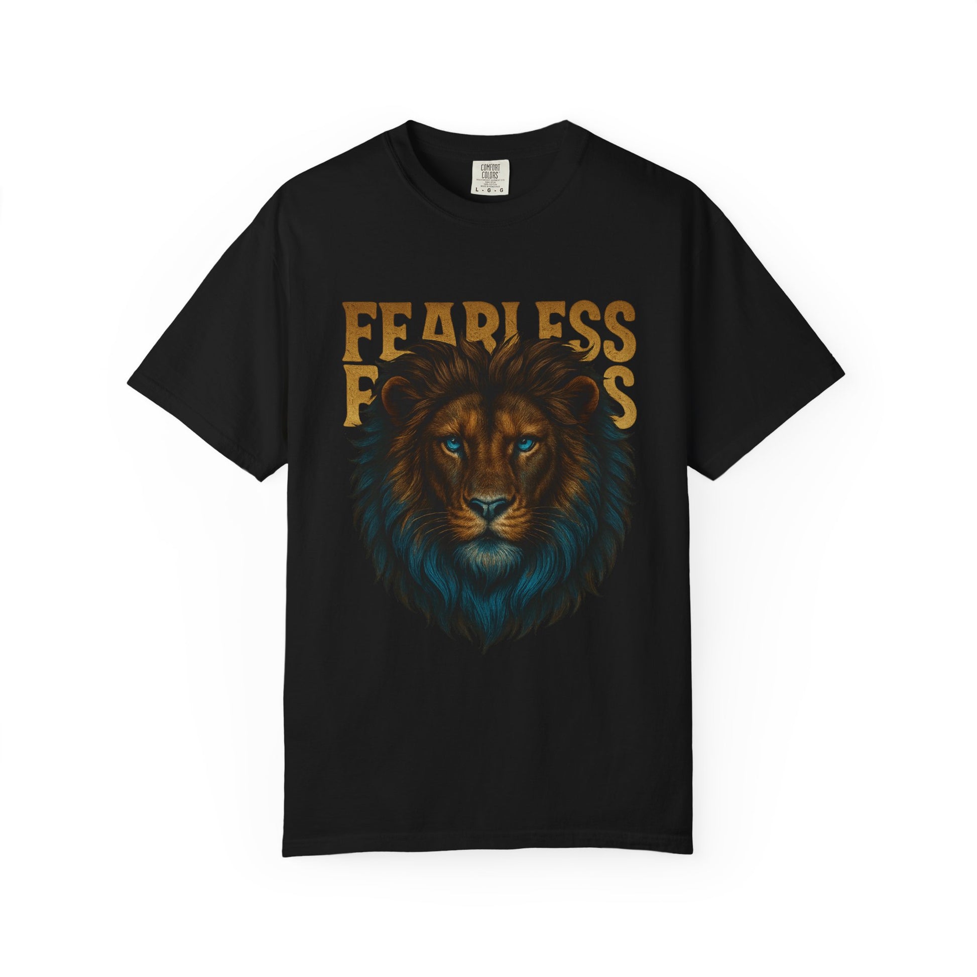Mashafrica fearless black T shirt with detailed lion face blue mane and gold lettering