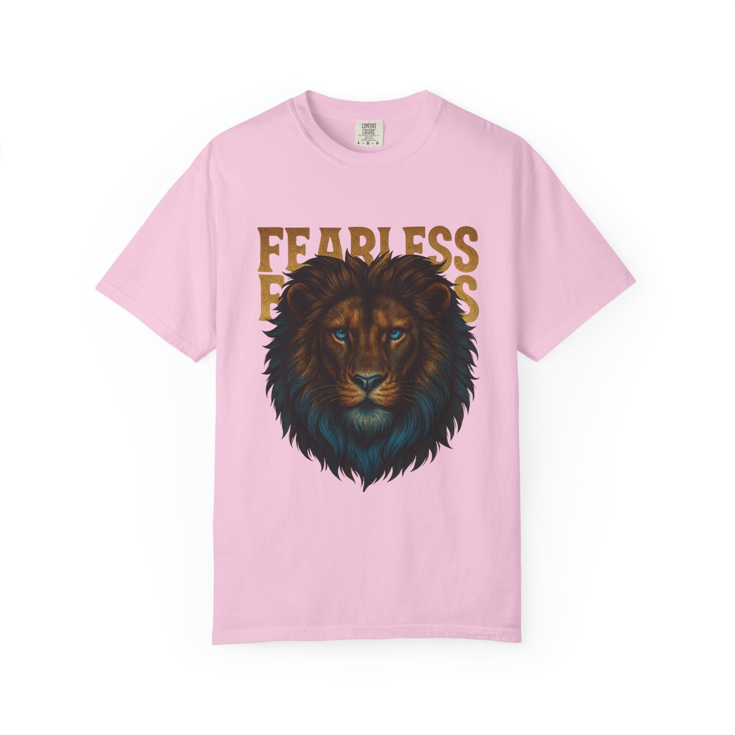 Mashafrica pink T Shirt with large detailed lion head graphic and bold fearless text on front