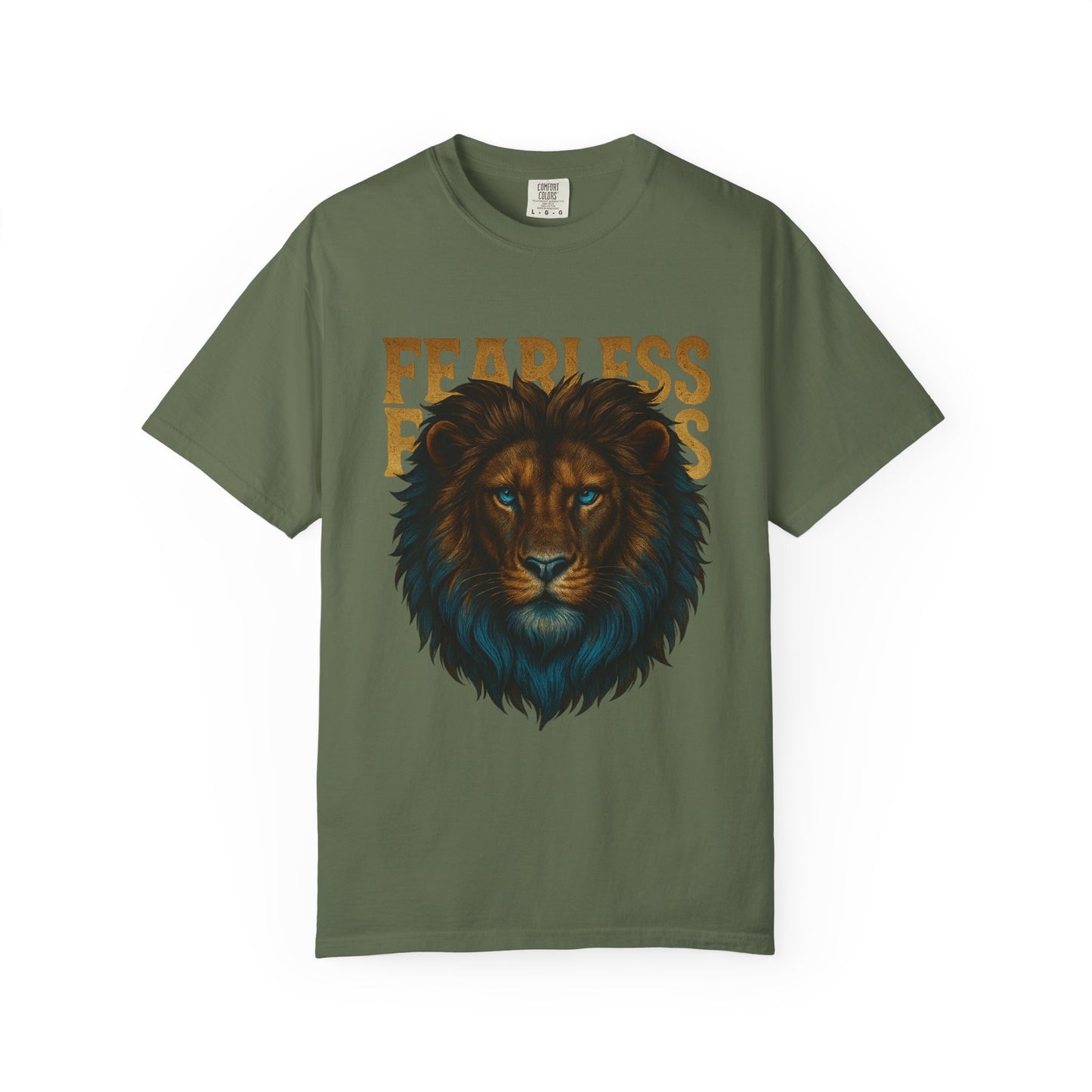 Mashafrica olive green T shirt with detailed lion head graphic and bold fearless text for confident style