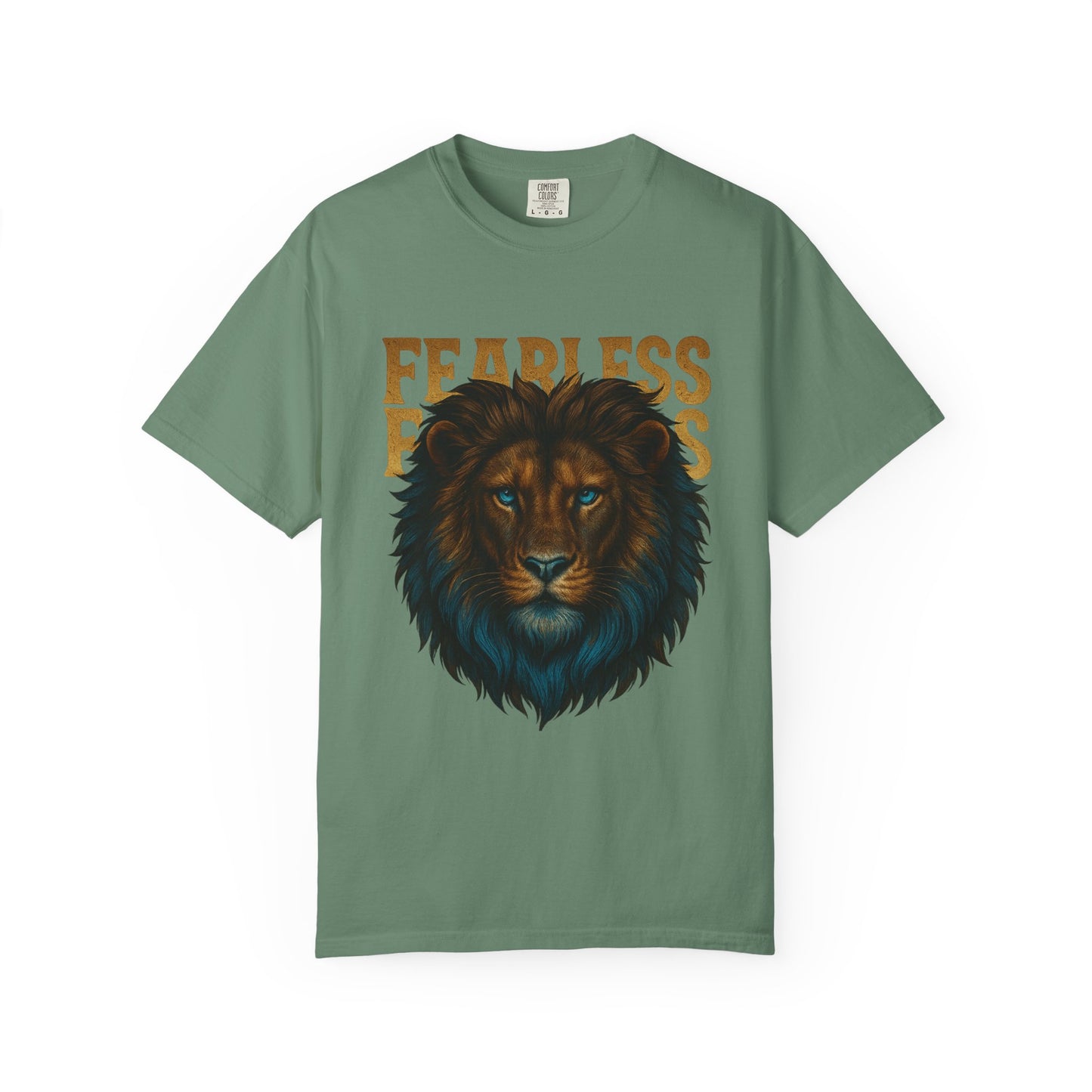 Mashafrica sage green t shirt with detailed lion graphic and bold fearless text across chest