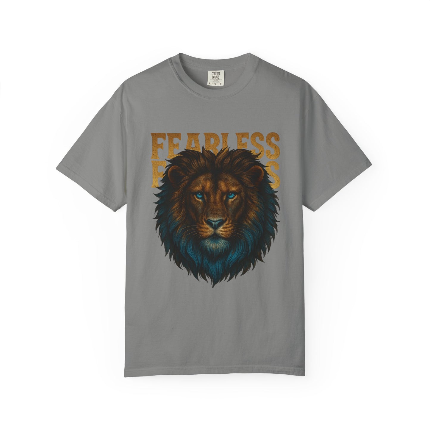 Mashafrica gray t shirt with realistic lion face graphic and bold fearless text across chest