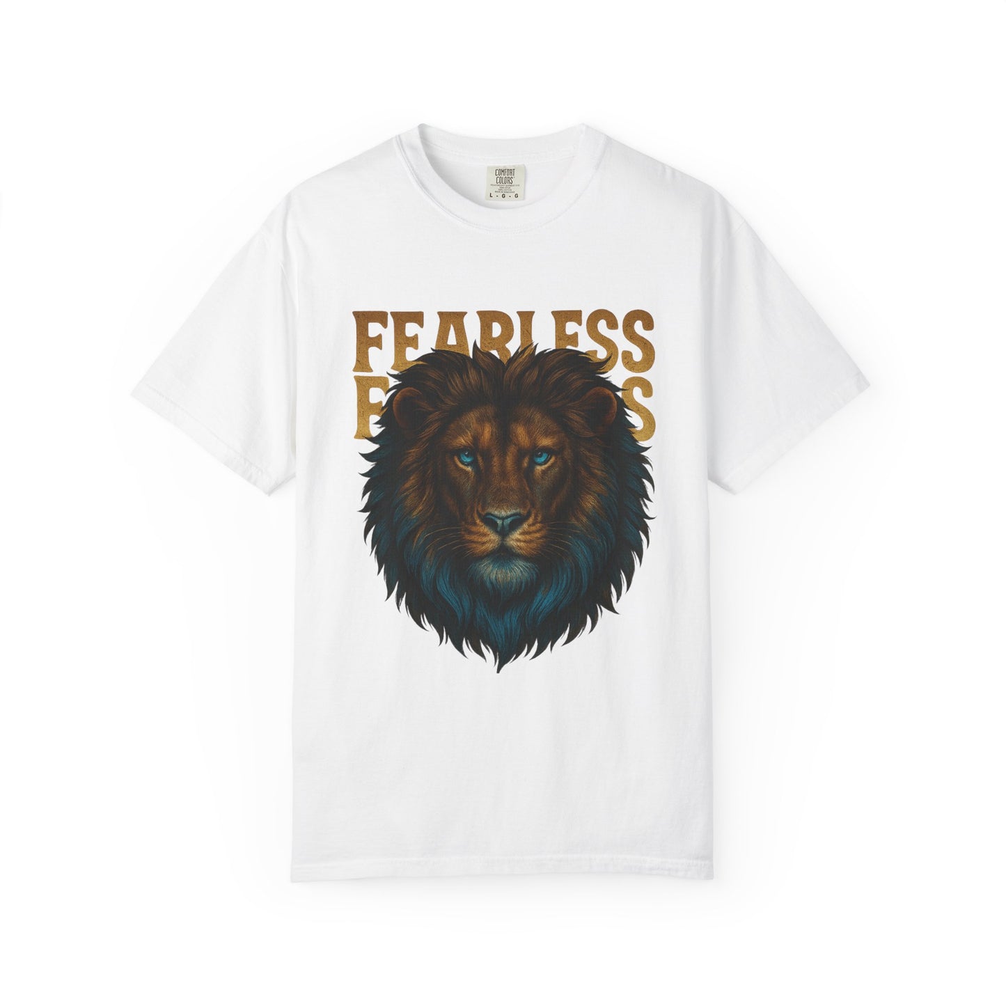 Mashafrica white T shirt with large lion head graphic and bold fearless text across chest