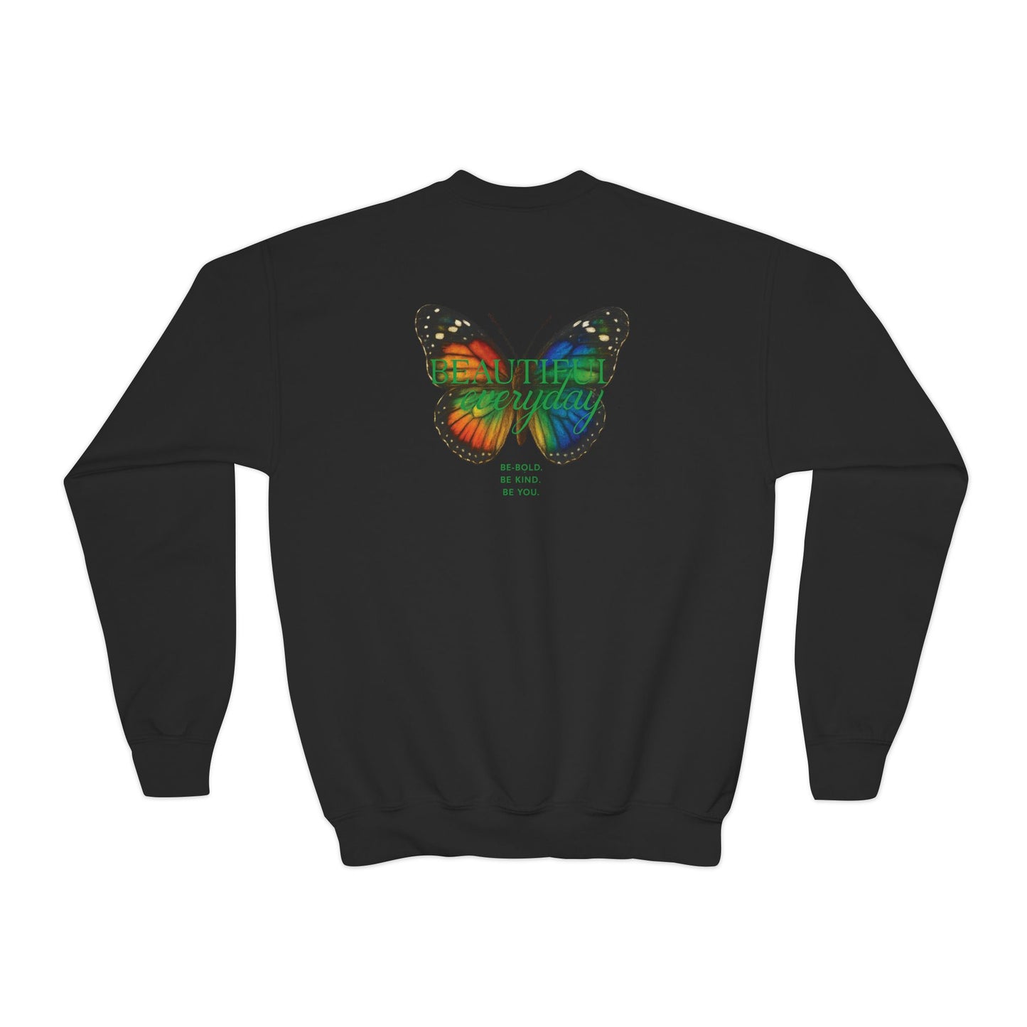 Mashafrica kids black crewneck with colorful butterfly graphic and uplifting text on back spring sweatshirt