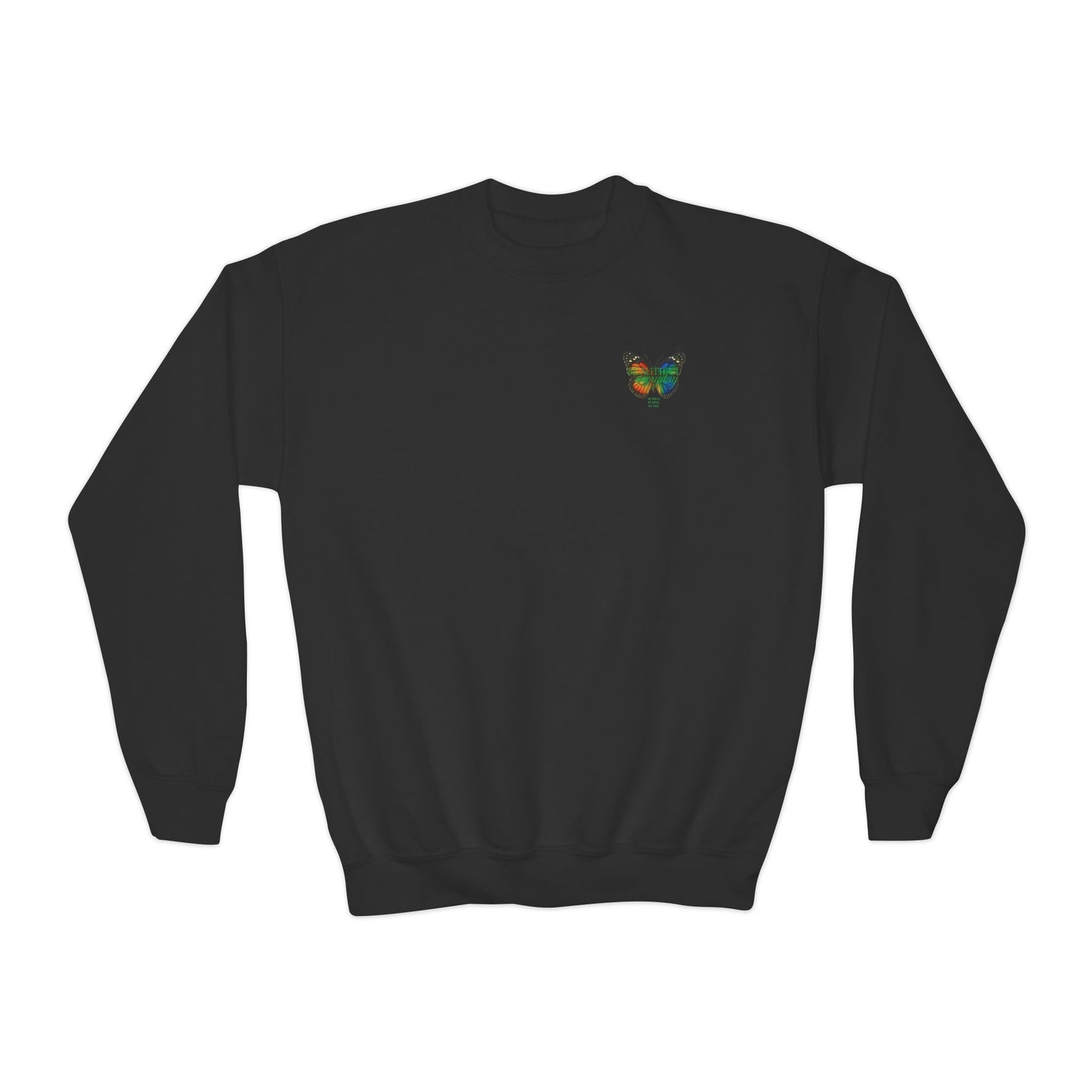 Mashafrica kids black crewneck spring sweatshirt with small colorful butterfly heart chest logo cozy casual wear
