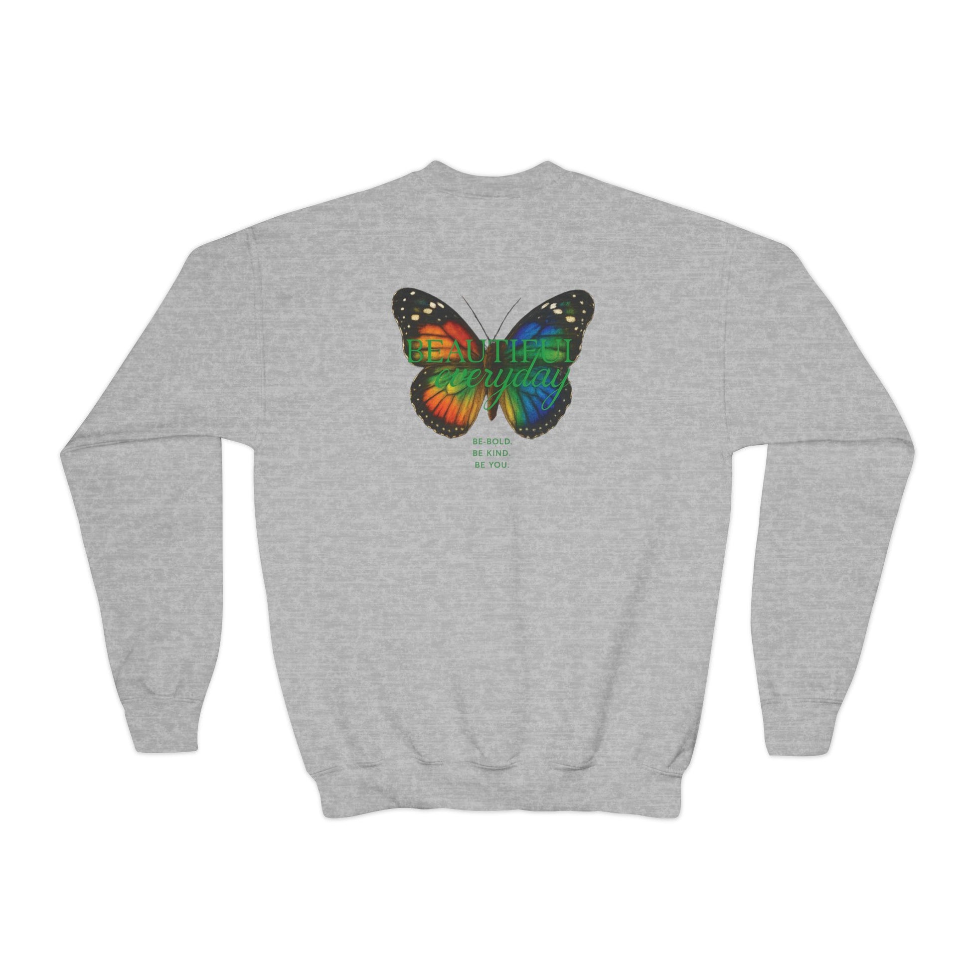 Mashafrica kids grey crewneck spring sweatshirt with colorful butterfly graphic and uplifting text on back