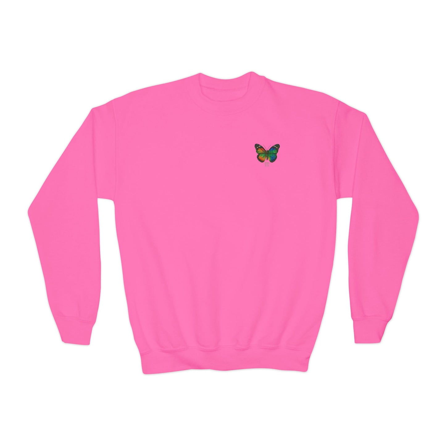 Mashafrica kids pink crewneck spring sweatshirt with small multicolor butterfly chest graphic