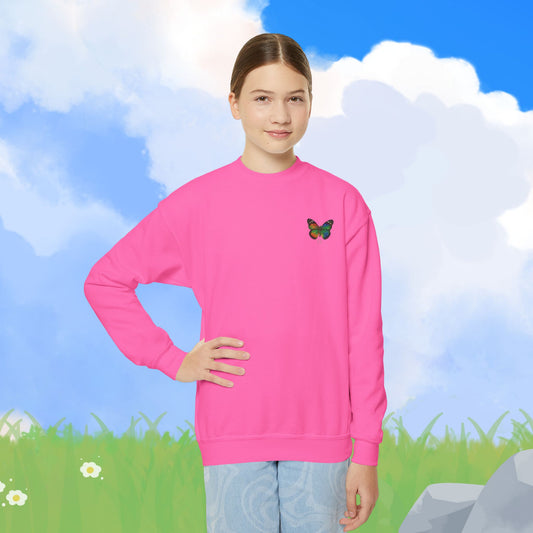 Mashafrica kids pink spring sweatshirt with small butterfly patch on chest modeled by girl