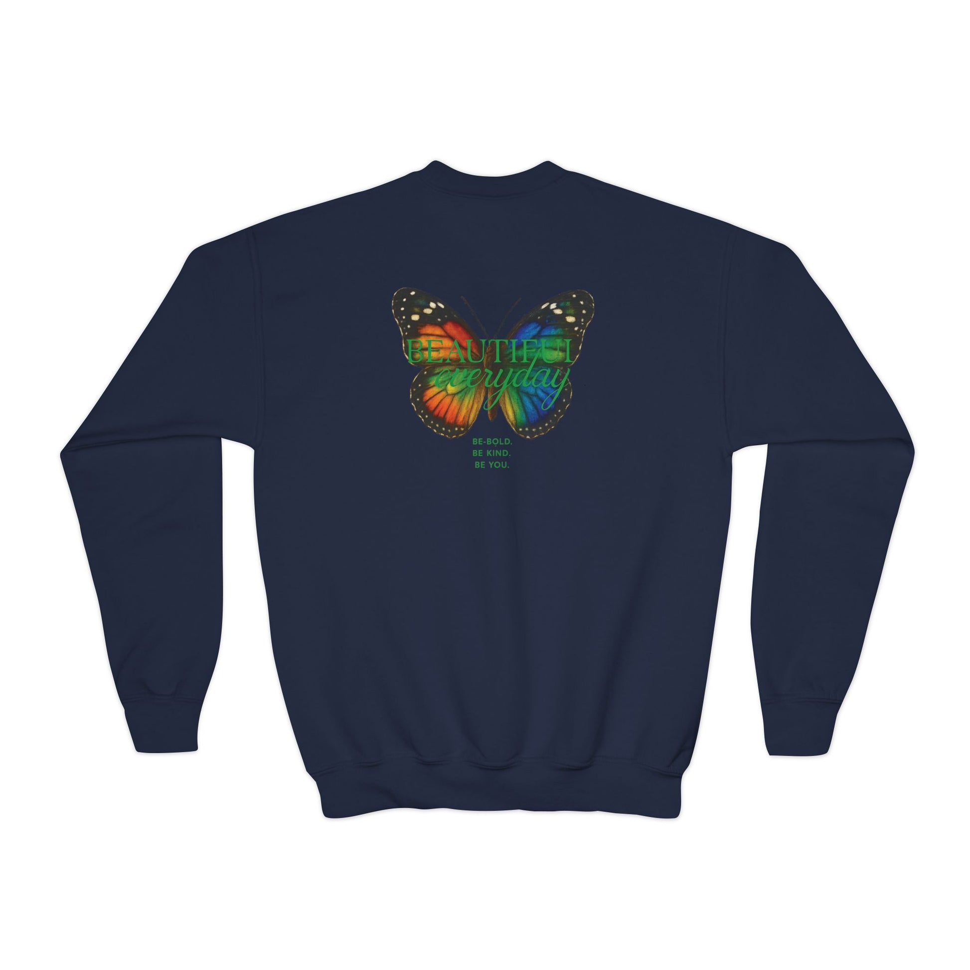Mashafrica kids navy crewneck spring sweatshirt with colorful butterfly graphic and positive text on back
