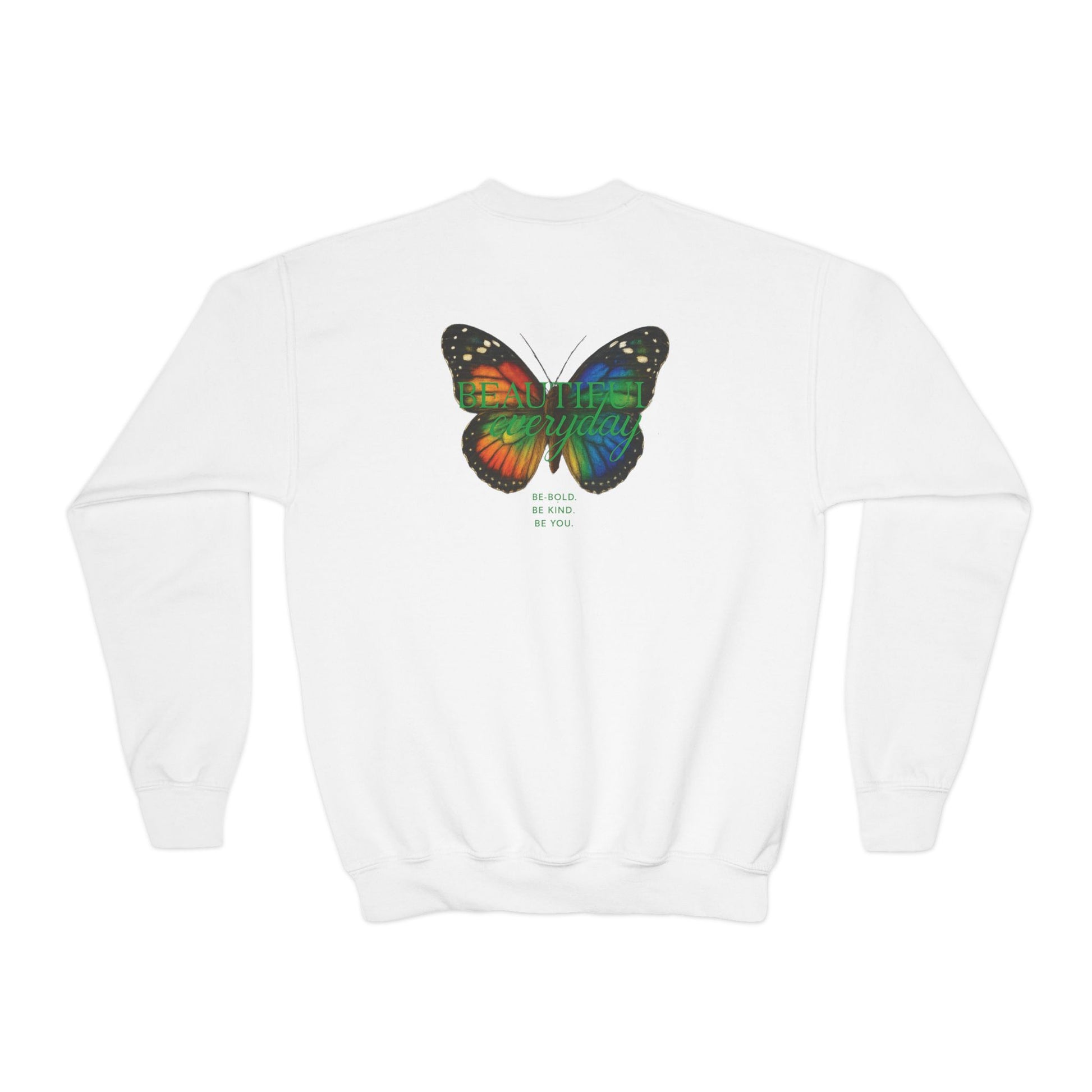 Mashafrica kids white spring sweatshirt back view with colorful butterfly graphic and inspirational text