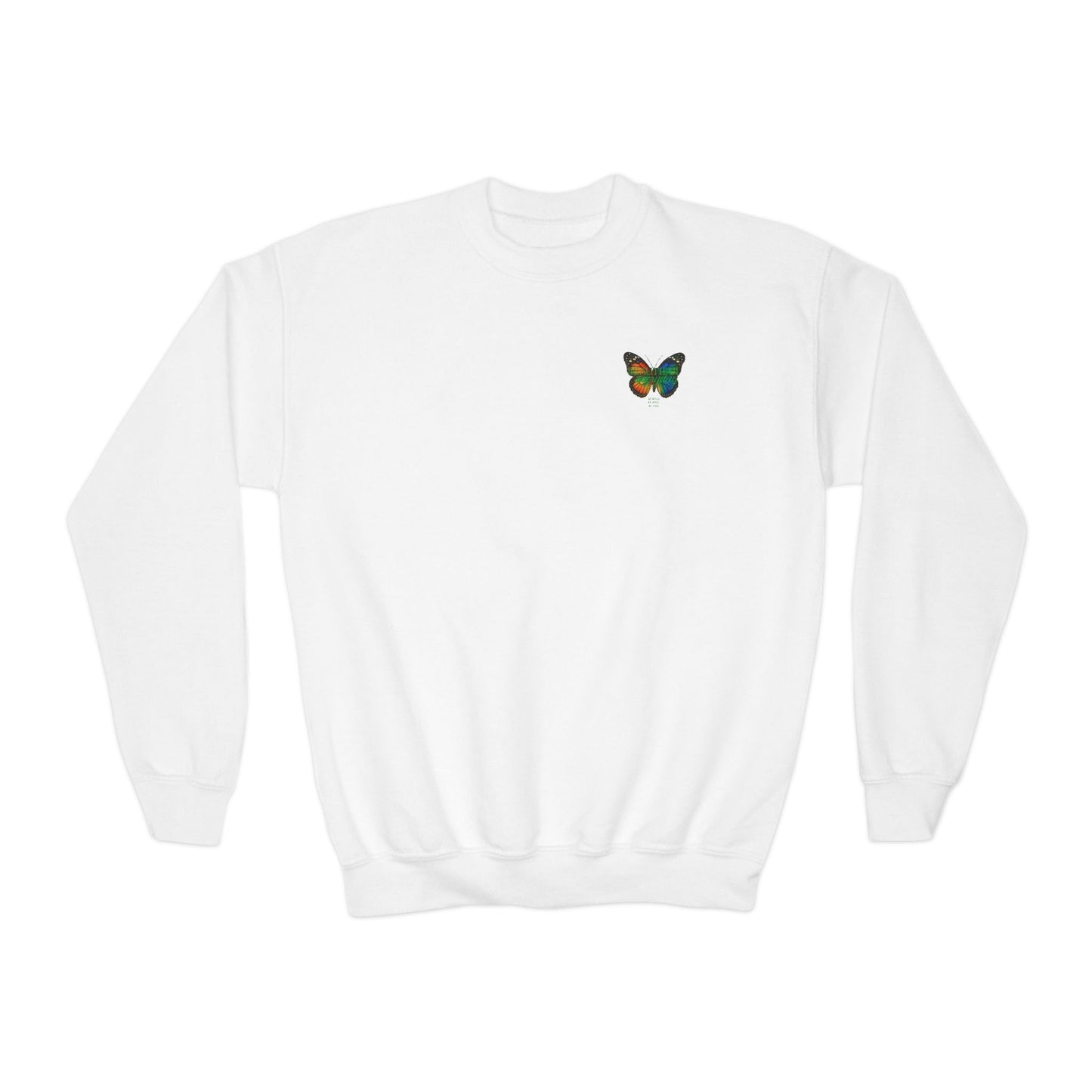 Mashafrica kids white crewneck spring sweatshirt with small colorful butterfly chest print