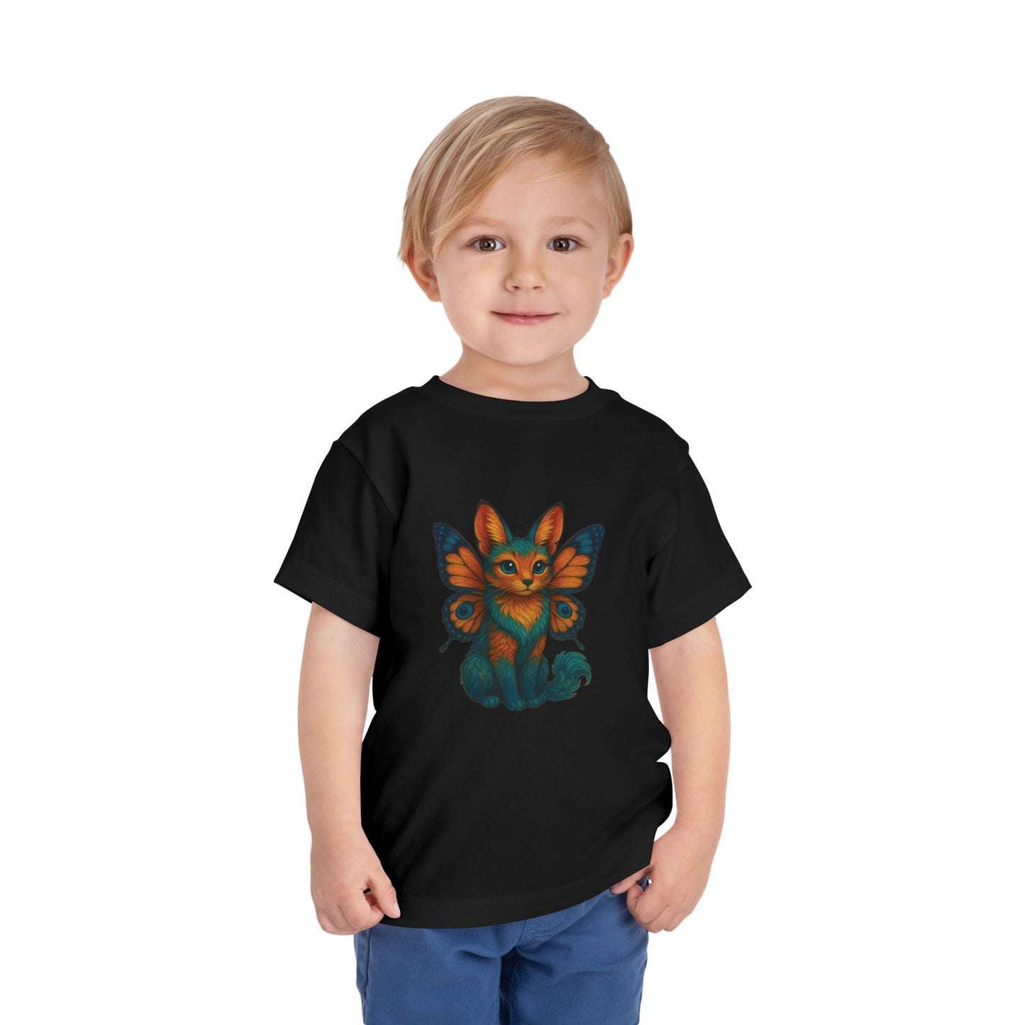 Mashafrica kids clothes black t shirt with colorful fox butterfly graphic worn by smiling toddler
